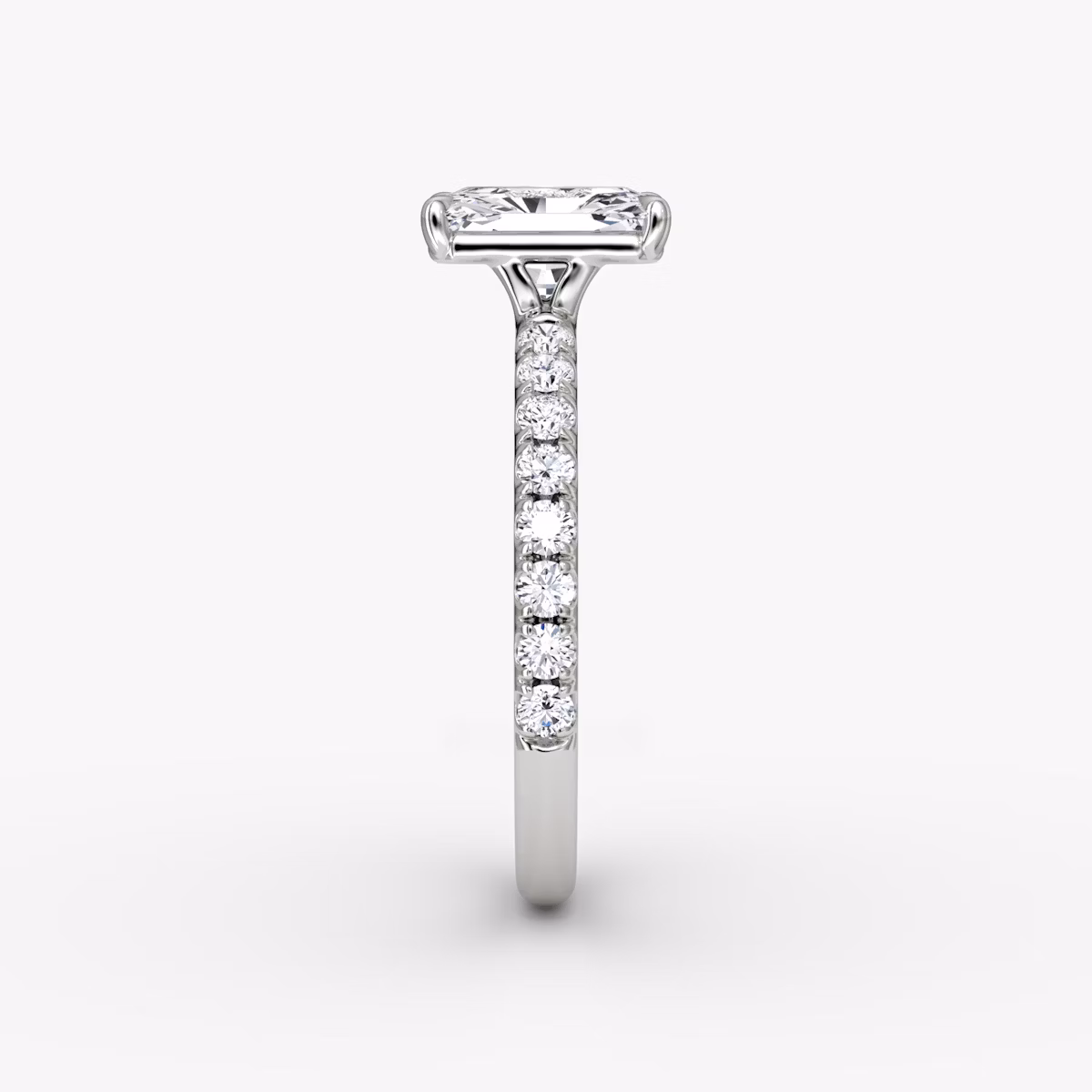 The Signature | Radiant | 18k | White Gold | bandAccent: Pavé | bandWidth: large | hiddenHalo: no | diamondOrientation: vertical | caratWeight: other