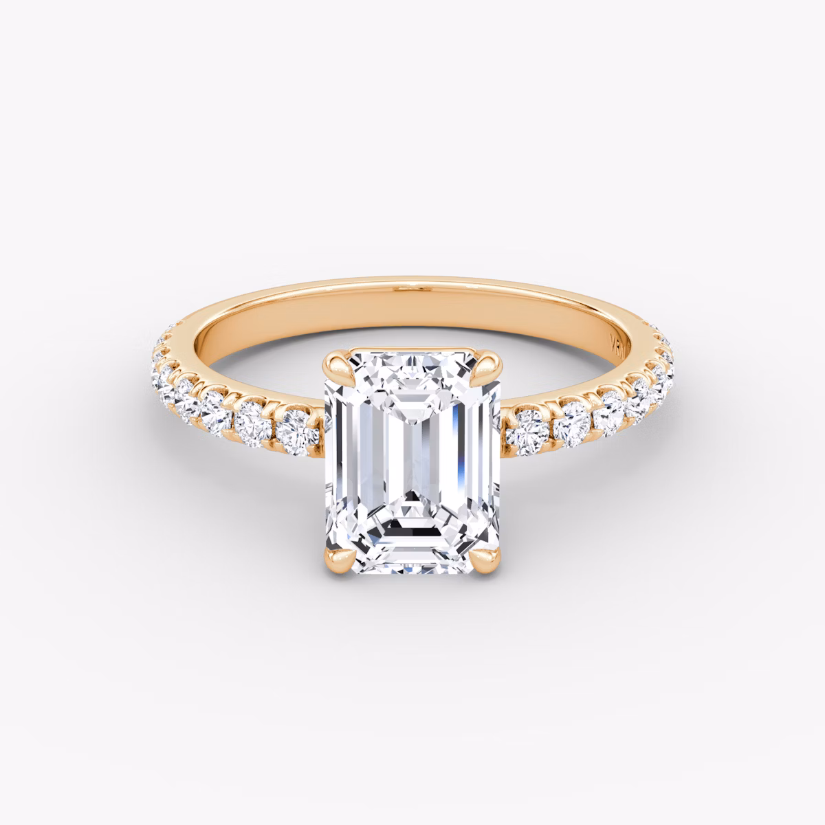 The Signature | Emerald | 14k | Rose Gold | bandAccent: Pavé | bandWidth: large | hiddenHalo: no | diamondOrientation: vertical | caratWeight: other