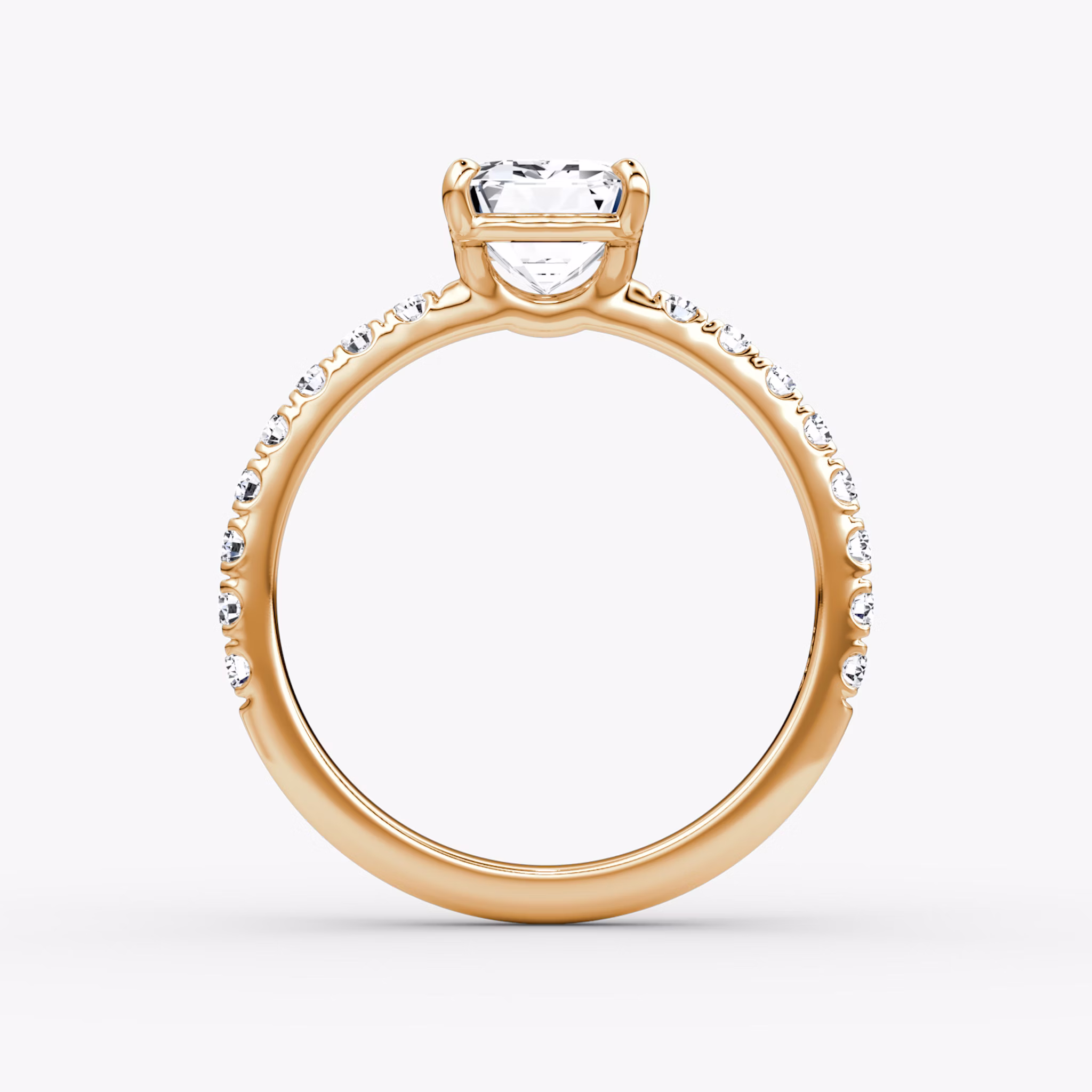 The Signature | Emerald | 14k | Rose Gold | bandAccent: Pavé | bandWidth: large | hiddenHalo: no | diamondOrientation: vertical | caratWeight: other