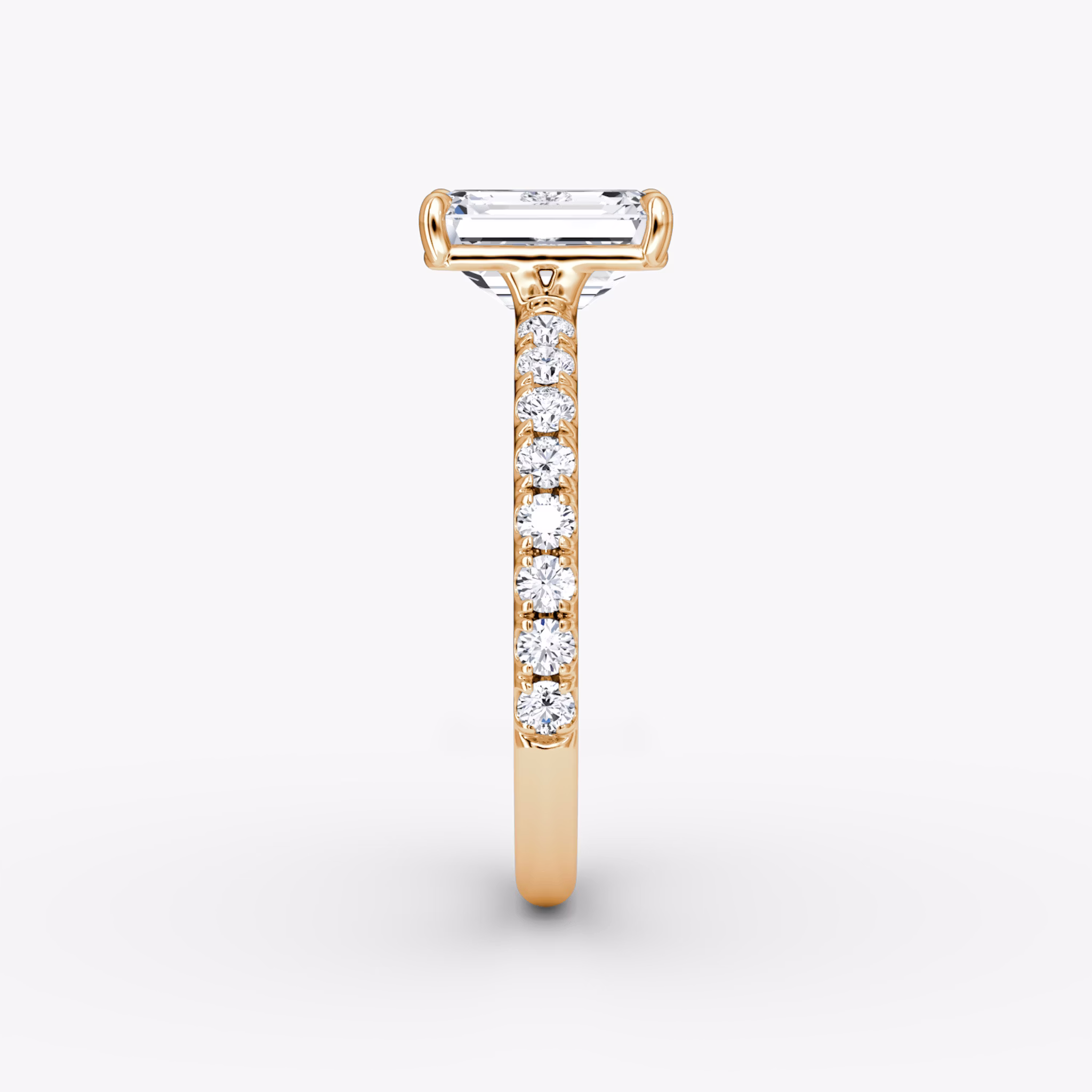The Signature | Emerald | 14k | Rose Gold | bandAccent: Pavé | bandWidth: large | hiddenHalo: no | diamondOrientation: vertical | caratWeight: other