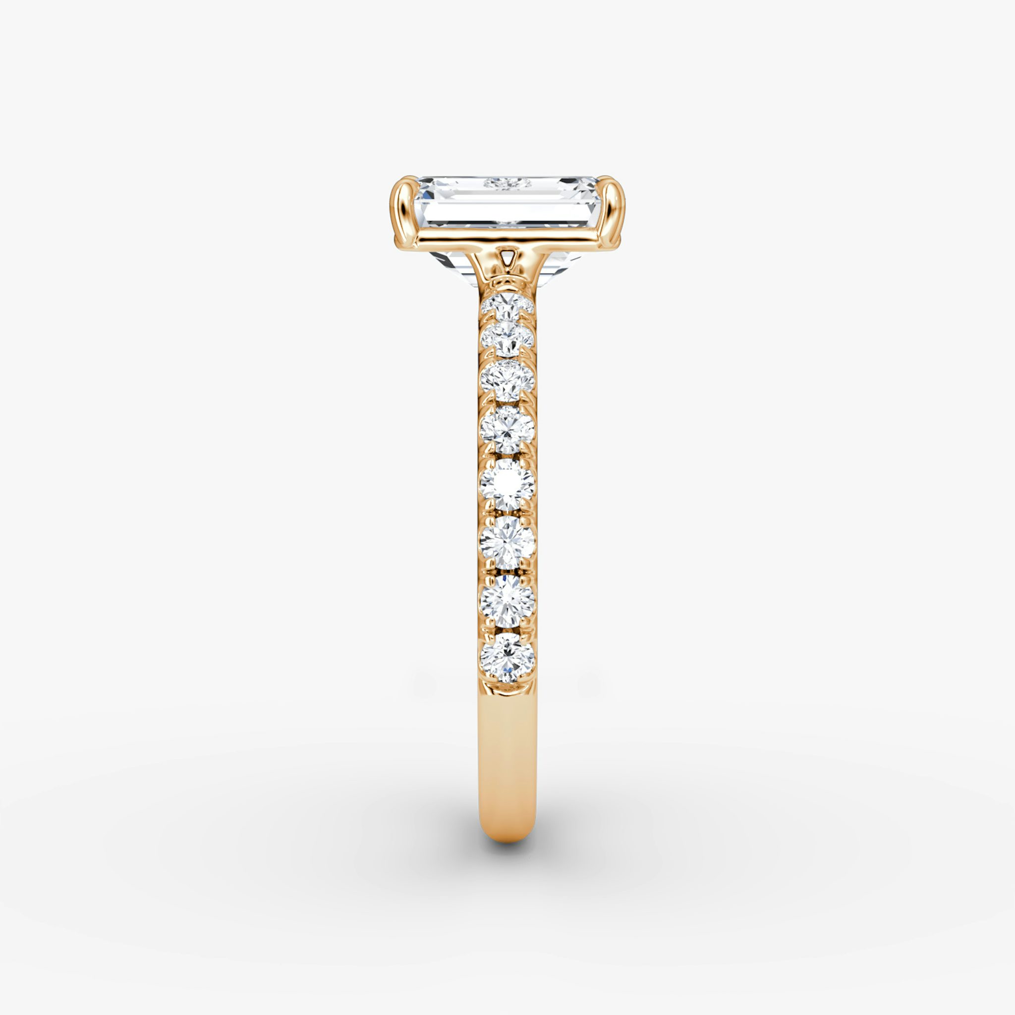 The Signature | Emerald | 14k | Rose Gold | bandAccent: Pavé | bandWidth: large | hiddenHalo: no | diamondOrientation: vertical | caratWeight: other