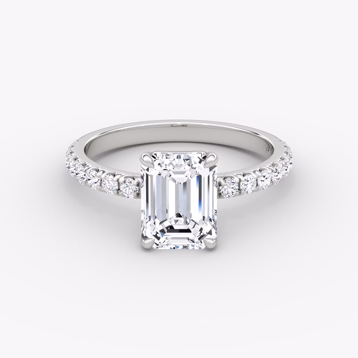 The Signature | Emerald | 18k | White Gold | bandAccent: Pavé | bandWidth: large | hiddenHalo: no | diamondOrientation: vertical | caratWeight: other