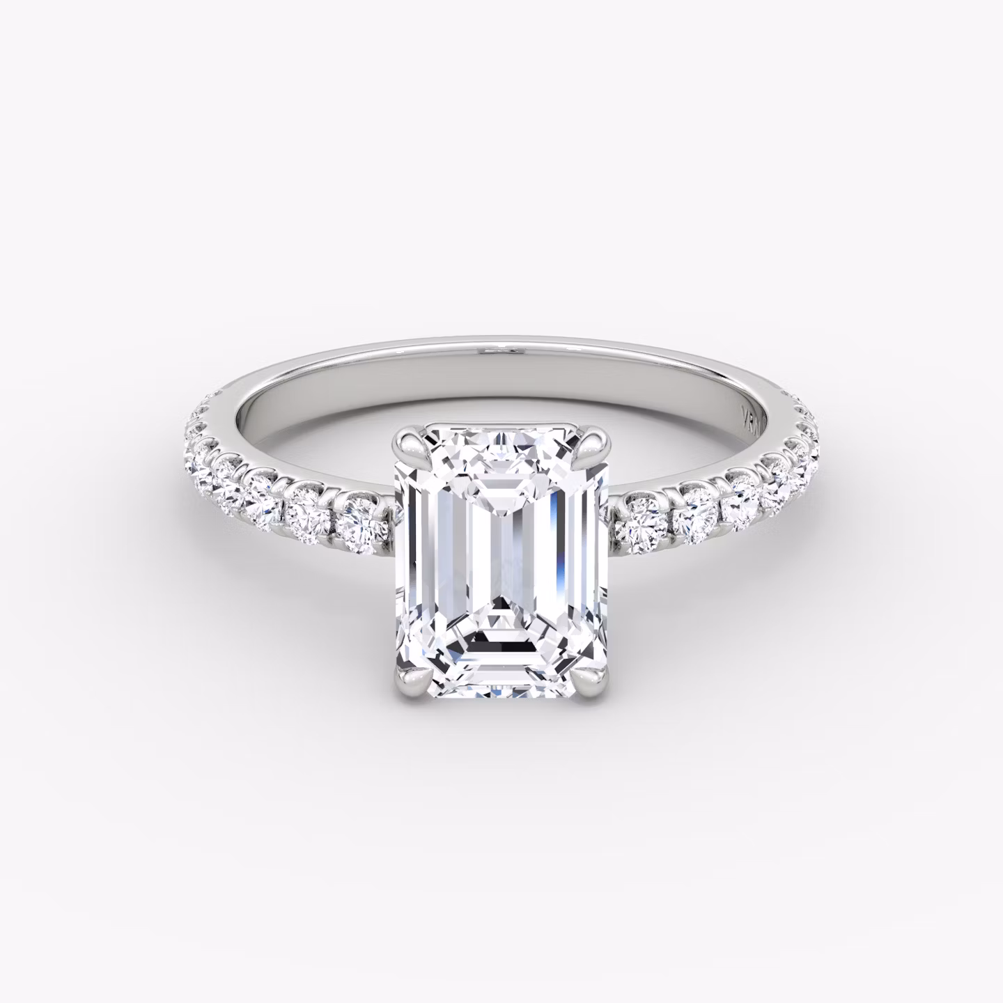 The Signature | Emerald | Platinum | bandAccent: Pavé | bandWidth: large | hiddenHalo: no | diamondOrientation: vertical | caratWeight: other