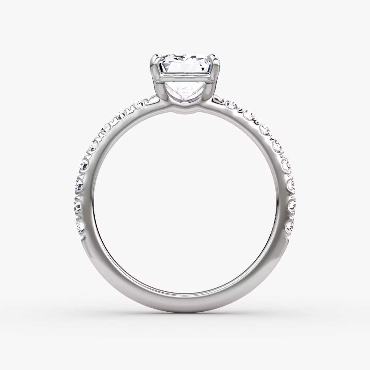 The Signature | Emerald | 18k | White Gold | bandAccent: Pavé | bandWidth: large | hiddenHalo: no | diamondOrientation: vertical | caratWeight: other
