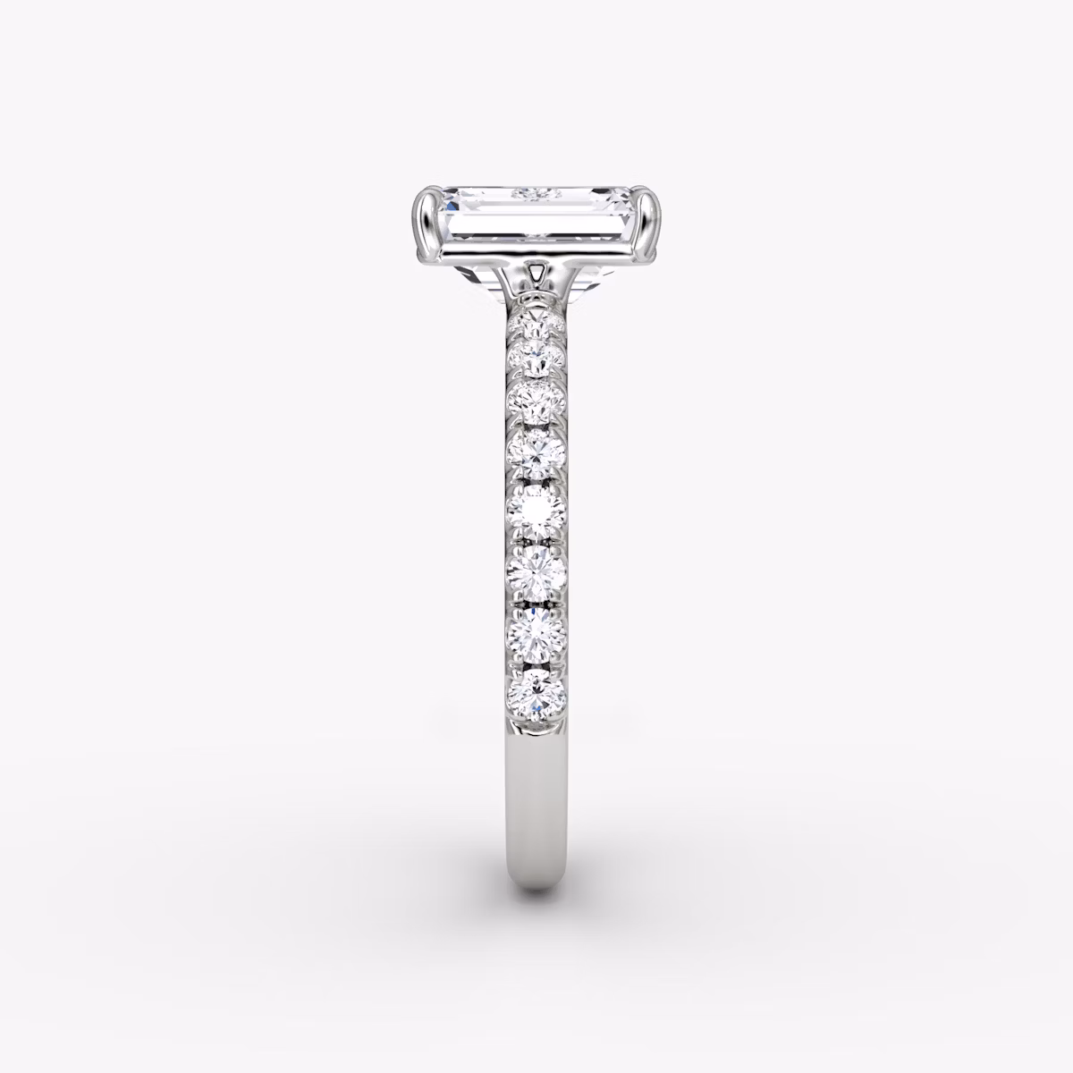 The Signature | Emerald | 18k | White Gold | bandAccent: Pavé | bandWidth: large | hiddenHalo: no | diamondOrientation: vertical | caratWeight: other