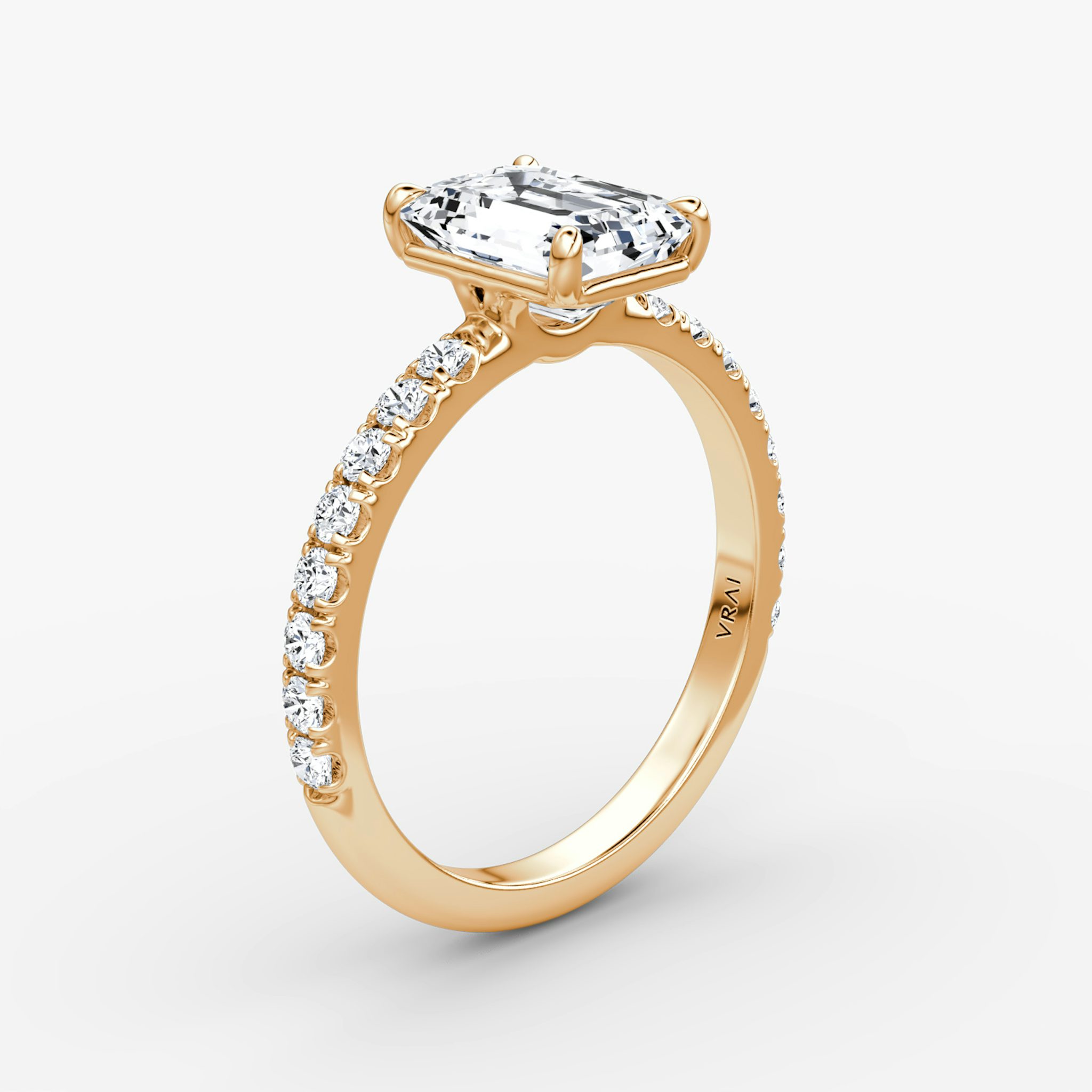 The Signature | Emerald | 14k | Rose Gold | bandAccent: Pavé | bandWidth: large | hiddenHalo: no | diamondOrientation: vertical | caratWeight: other