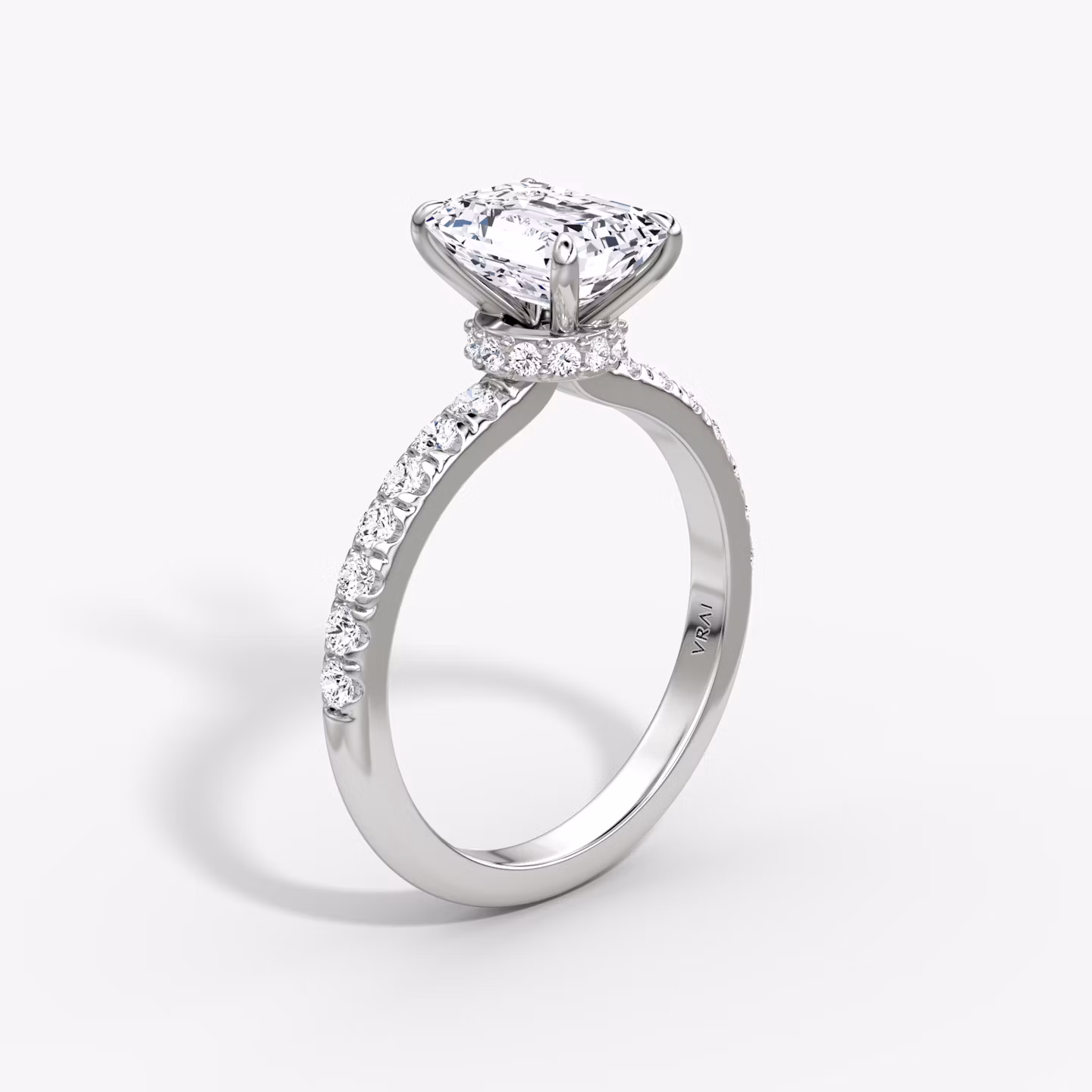 The Veiled Halo | Emerald | 18k | White Gold | bandAccent: Pavé | diamondOrientation: vertical | caratWeight: other