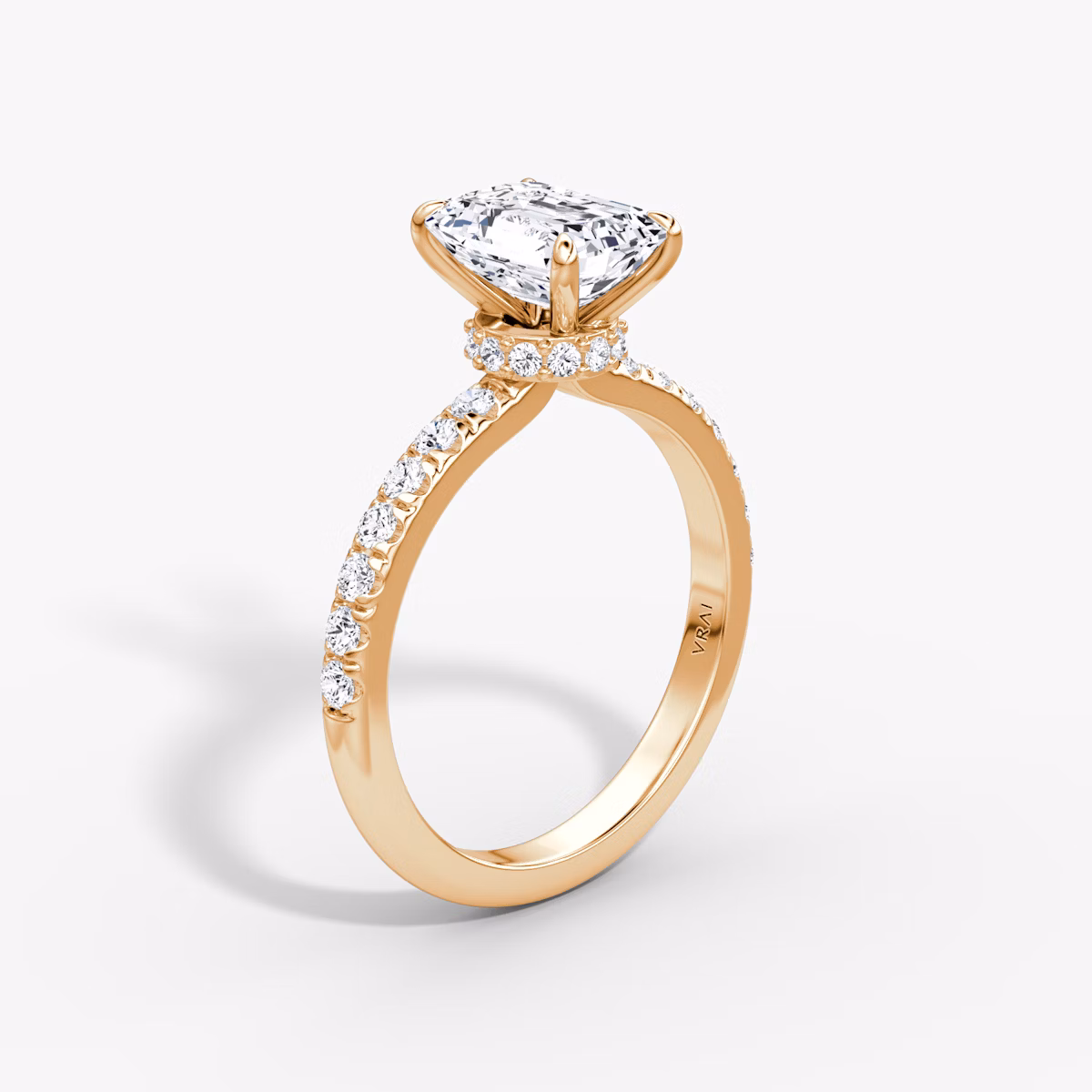 The Veiled Halo | Emerald | 14k | Rose Gold | bandAccent: Pavé | diamondOrientation: vertical | caratWeight: other
