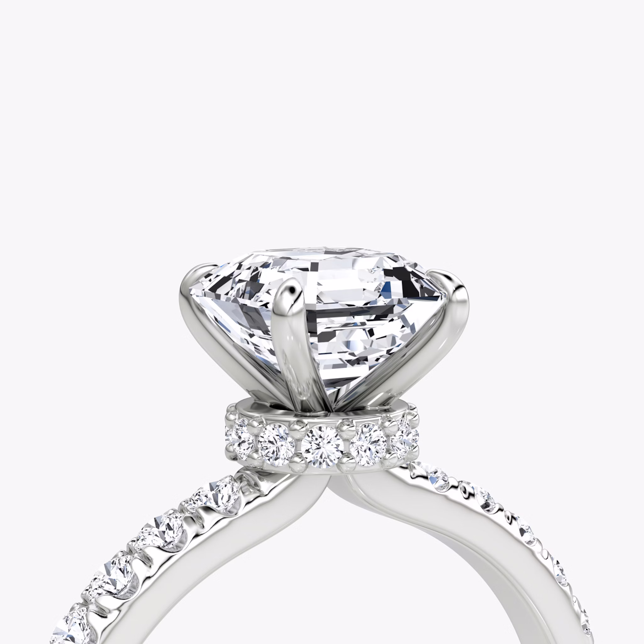 The Veiled Halo | Asscher | 18k | White Gold | bandAccent: Pavé | diamondOrientation: vertical | caratWeight: other
