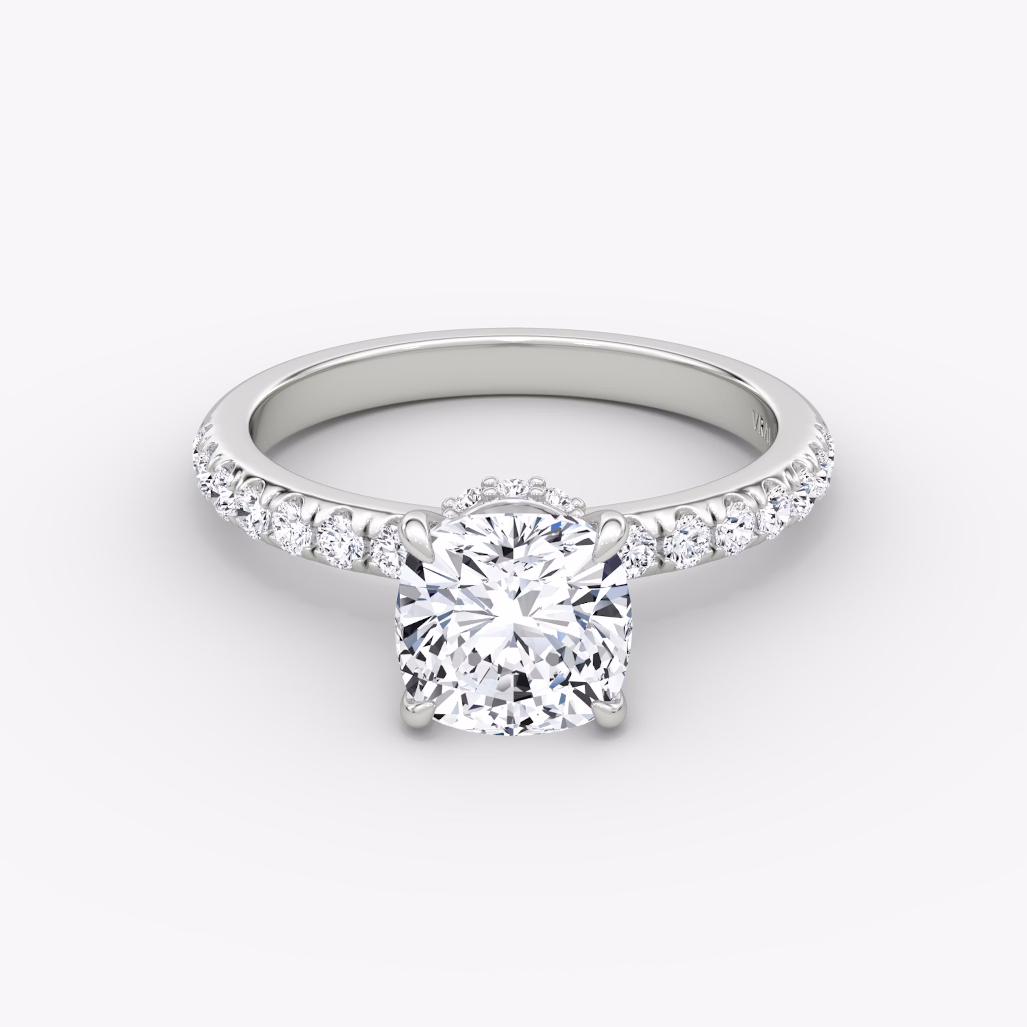 The Veiled Halo | Cushion | Platinum | bandAccent: Pavé | diamondOrientation: vertical | caratWeight: other