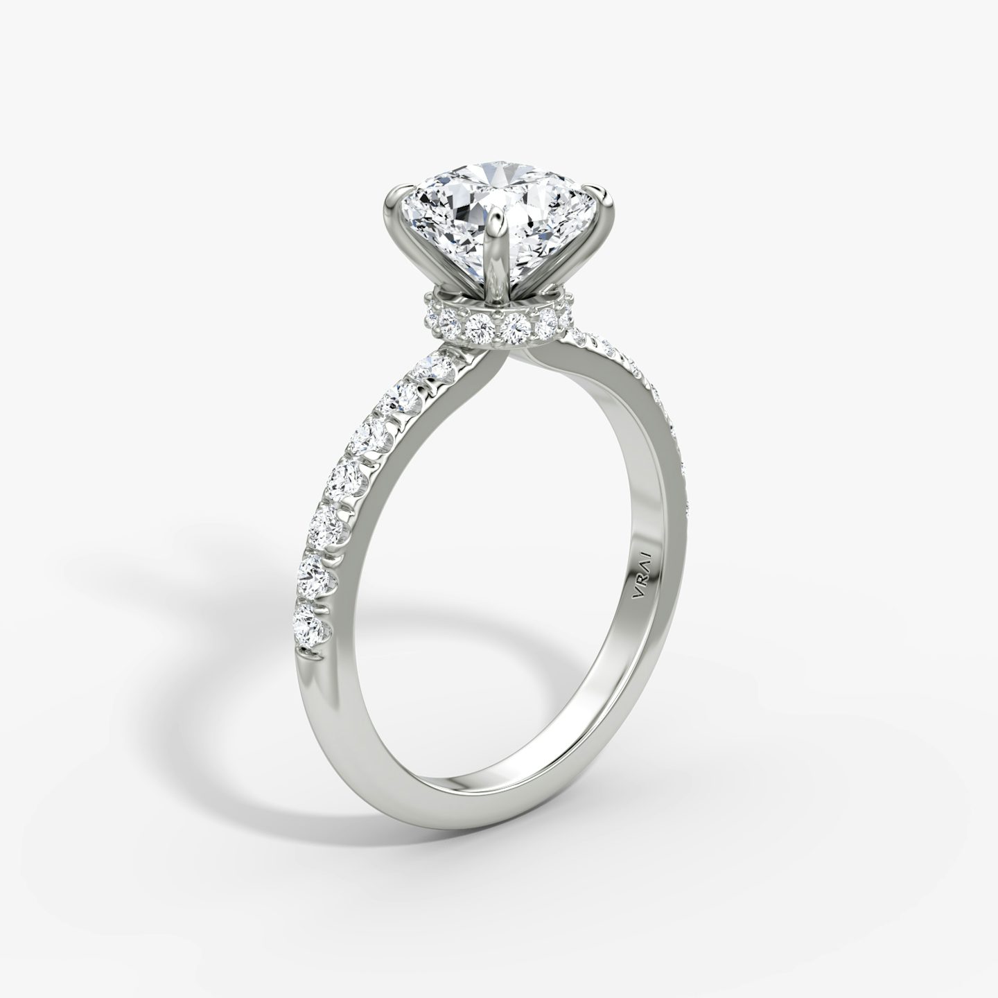 The Veiled Halo | Cushion | 18k | White Gold | bandAccent: Pavé | diamondOrientation: vertical | caratWeight: other
