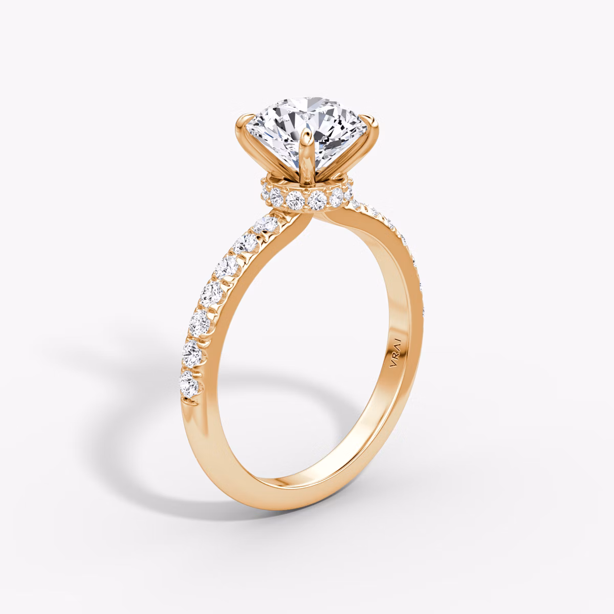 The Veiled Halo | Round Brilliant | 14k | Rose Gold | bandAccent: Pavé | caratWeight: 1.5ct | diamondOrientation: vertical