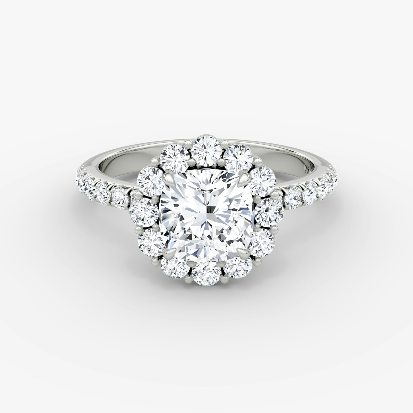 The Signature Floral Halo | Cushion | 18k | White Gold | bandAccent: Pavé | diamondOrientation: vertical | caratWeight: other