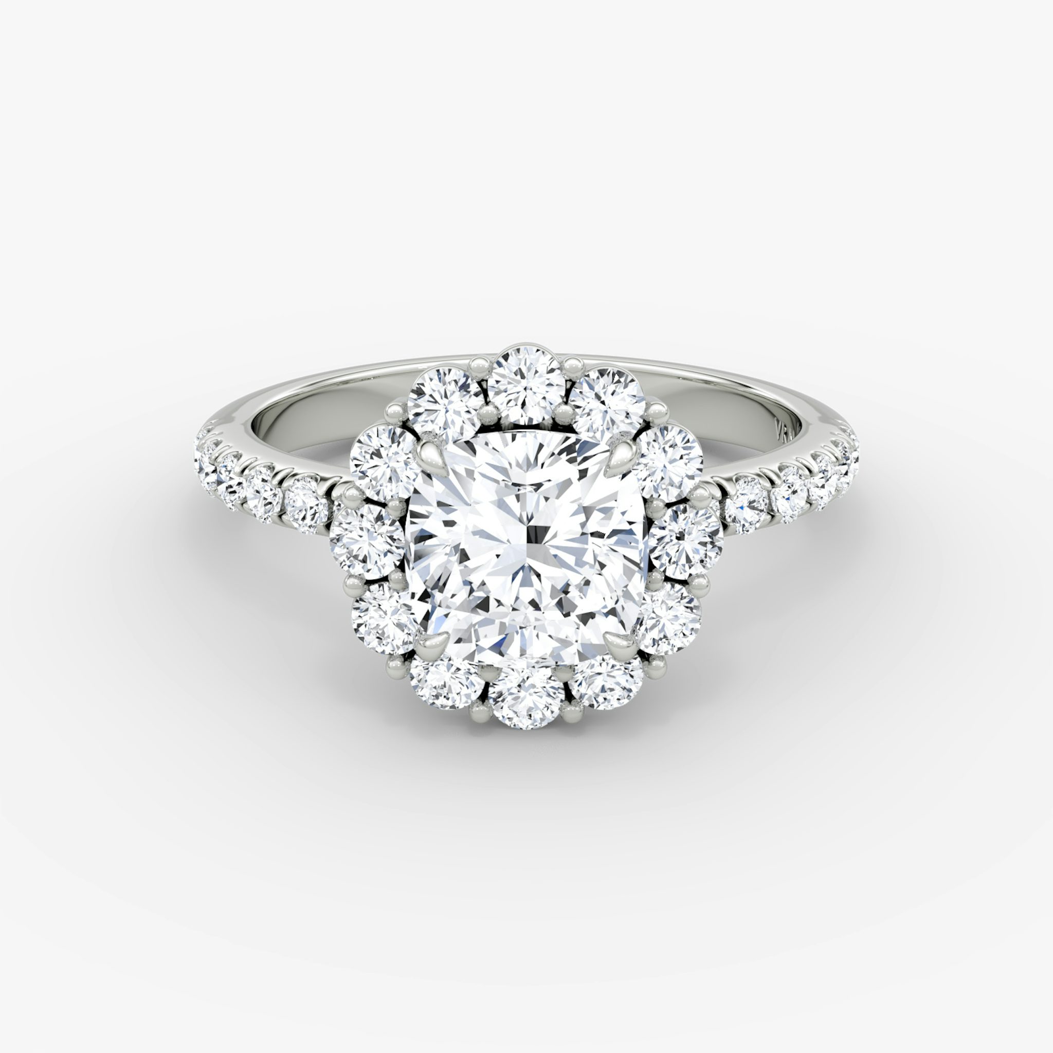 The Signature Floral Halo | Cushion | 18k | White Gold | bandAccent: Pavé | diamondOrientation: vertical | caratWeight: other