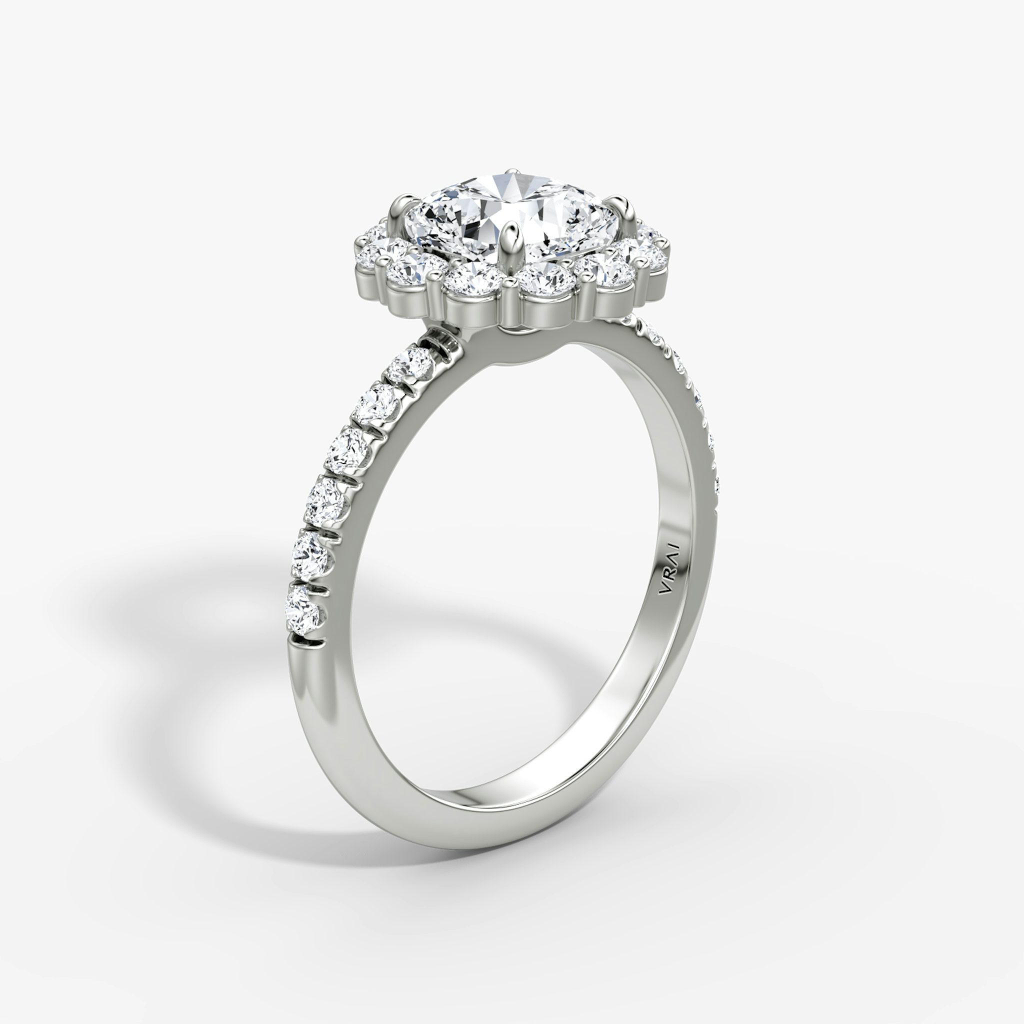 The Signature Floral Halo | Cushion | 18k | White Gold | bandAccent: Pavé | diamondOrientation: vertical | caratWeight: other