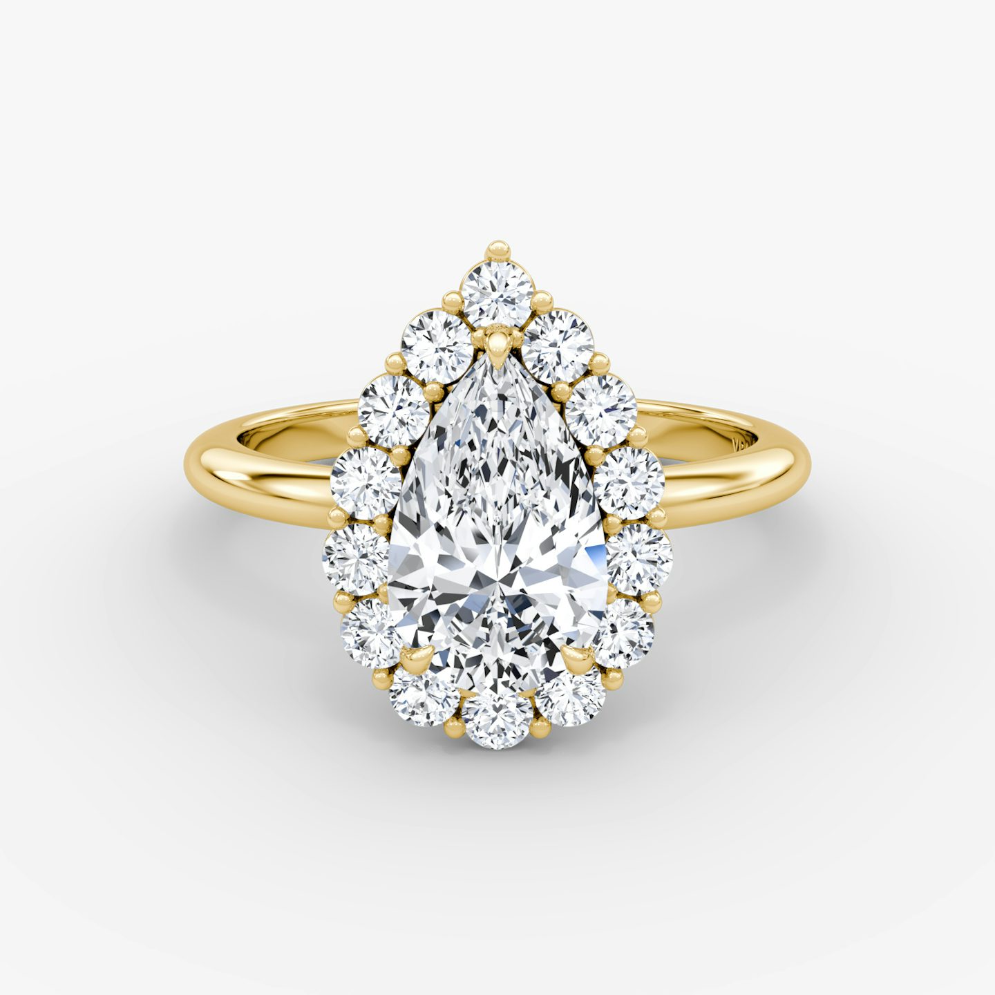 Front view of the signature floral halo pear yellow gold engagement ring