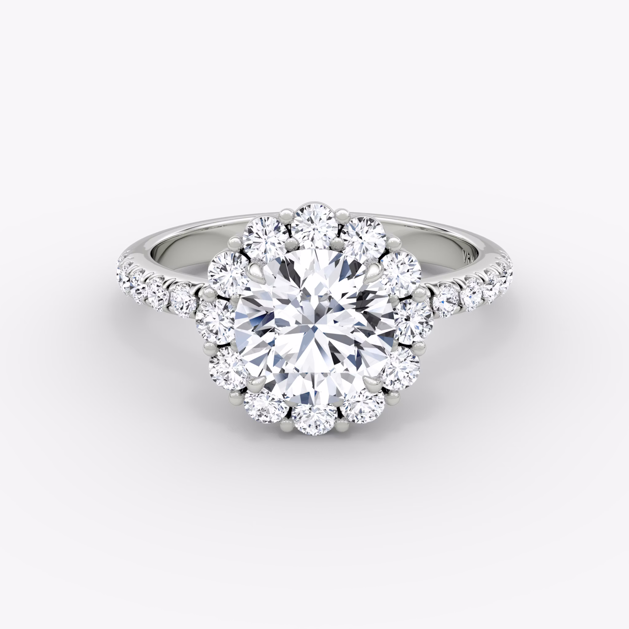 The Signature Floral Halo | Round Brilliant | 18k | White Gold | bandAccent: Pavé | caratWeight: other | diamondOrientation: vertical