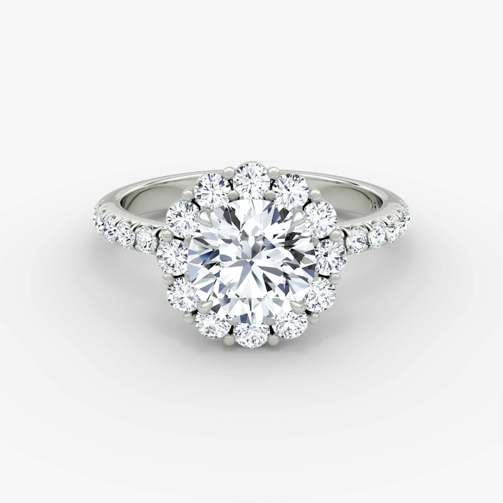 The Signature Floral Halo | Round Brilliant | 18k | White Gold | bandAccent: Pavé | caratWeight: other | diamondOrientation: vertical
