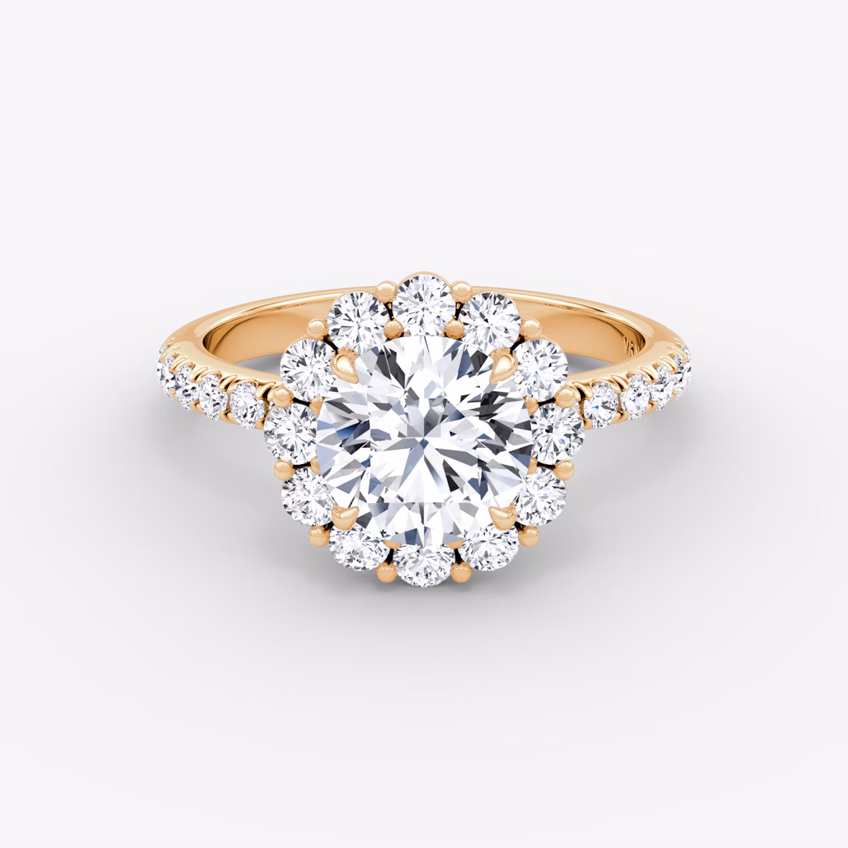 The Signature Floral Halo | Round Brilliant | 14k | Rose Gold | bandAccent: Pavé | caratWeight: 1.5ct | diamondOrientation: vertical