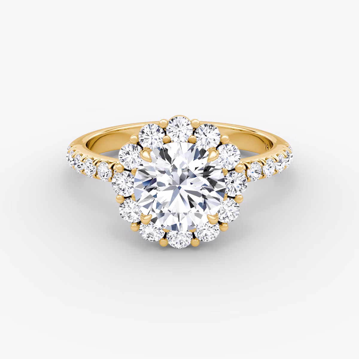 The Signature Floral Halo | Round Brilliant | 18k | Yellow Gold | bandAccent: Pavé | caratWeight: 1.0ct | diamondOrientation: vertical