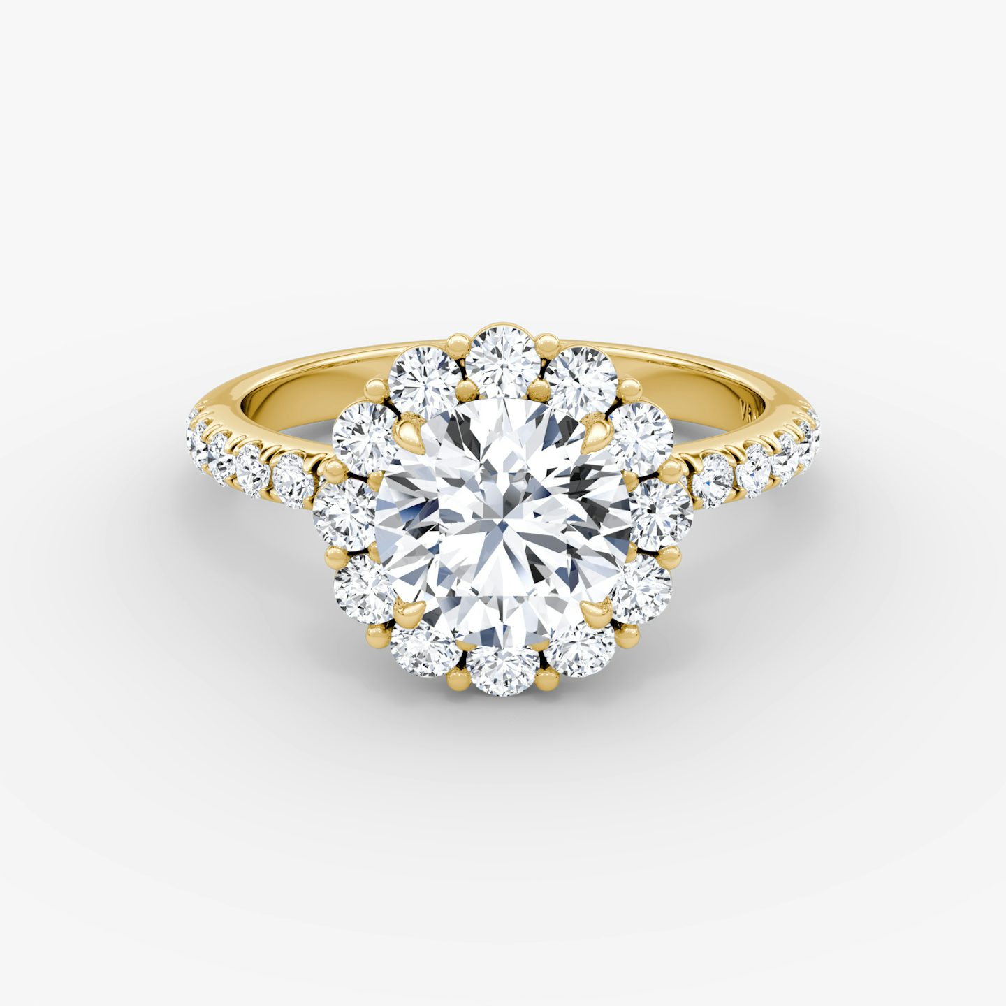 The Signature Floral Halo | Round Brilliant | 18k | Yellow Gold | bandAccent: Pavé | caratWeight: 1.5ct | diamondOrientation: vertical