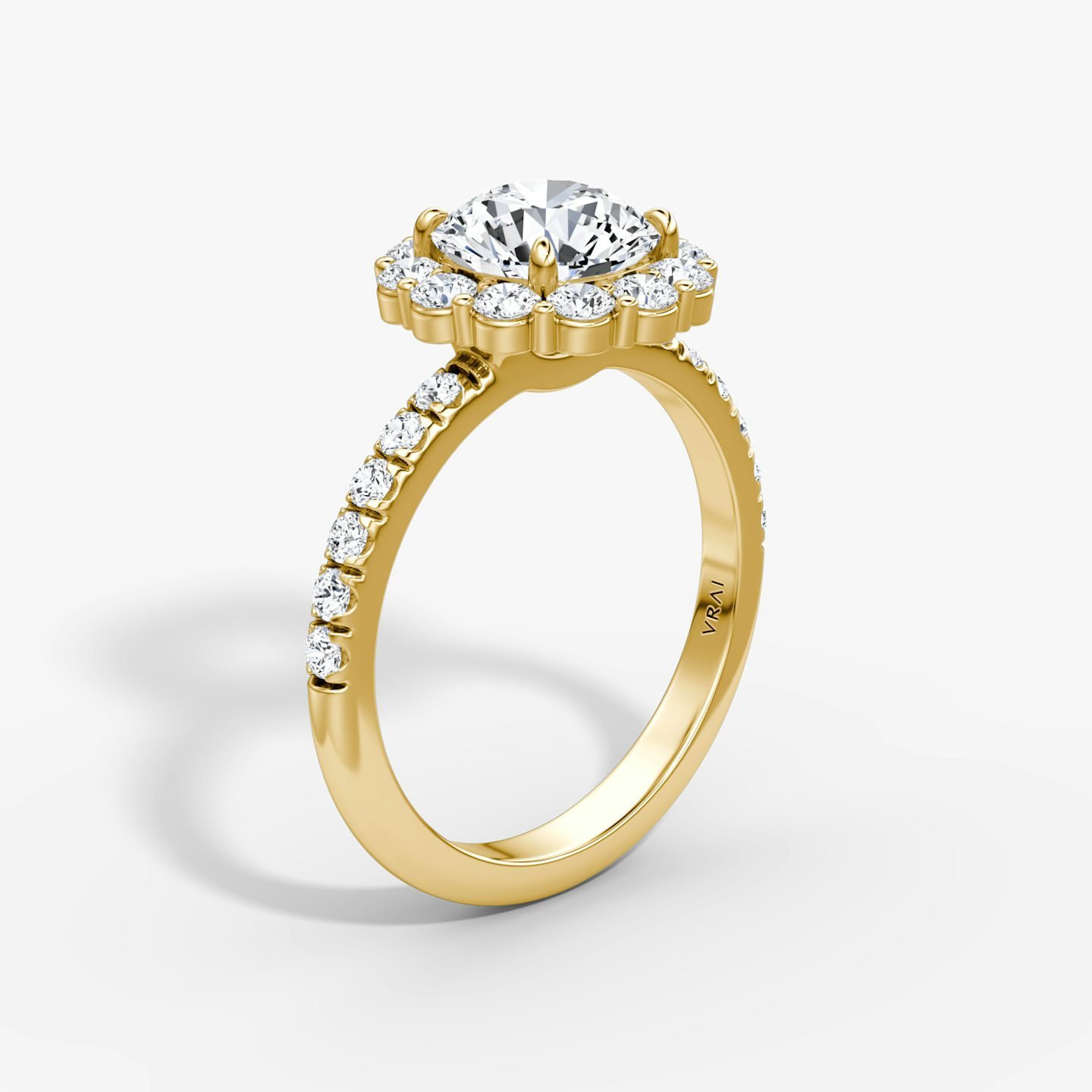 The Signature Floral Halo | Round Brilliant | 18k | Yellow Gold | bandAccent: Pavé | caratWeight: 1.5ct | diamondOrientation: vertical
