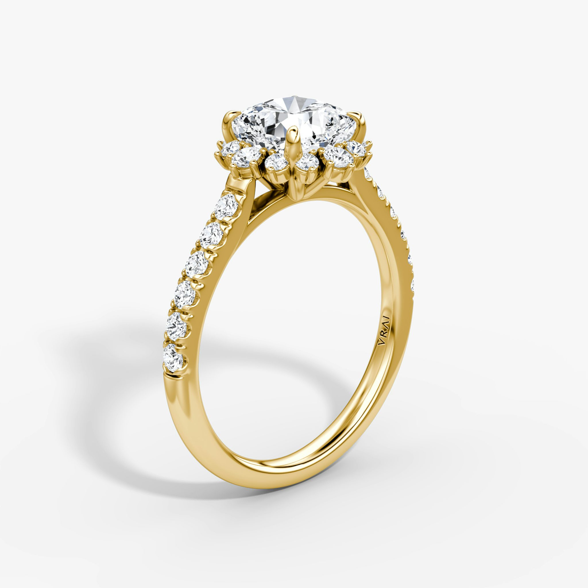 The Aurora Halo | Cushion | 18k | Yellow Gold | bandAccent: Pavé | diamondOrientation: vertical | caratWeight: other