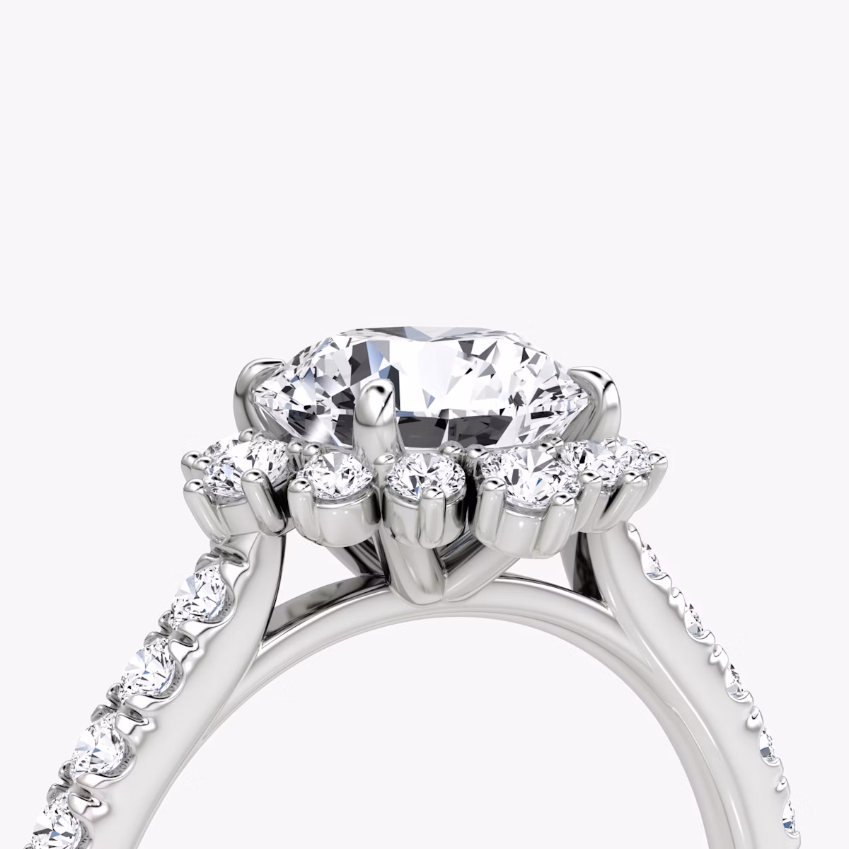 The Aurora Halo | Round Brilliant | 18k | White Gold | bandAccent: Pavé | caratWeight: 1.0ct | diamondOrientation: vertical