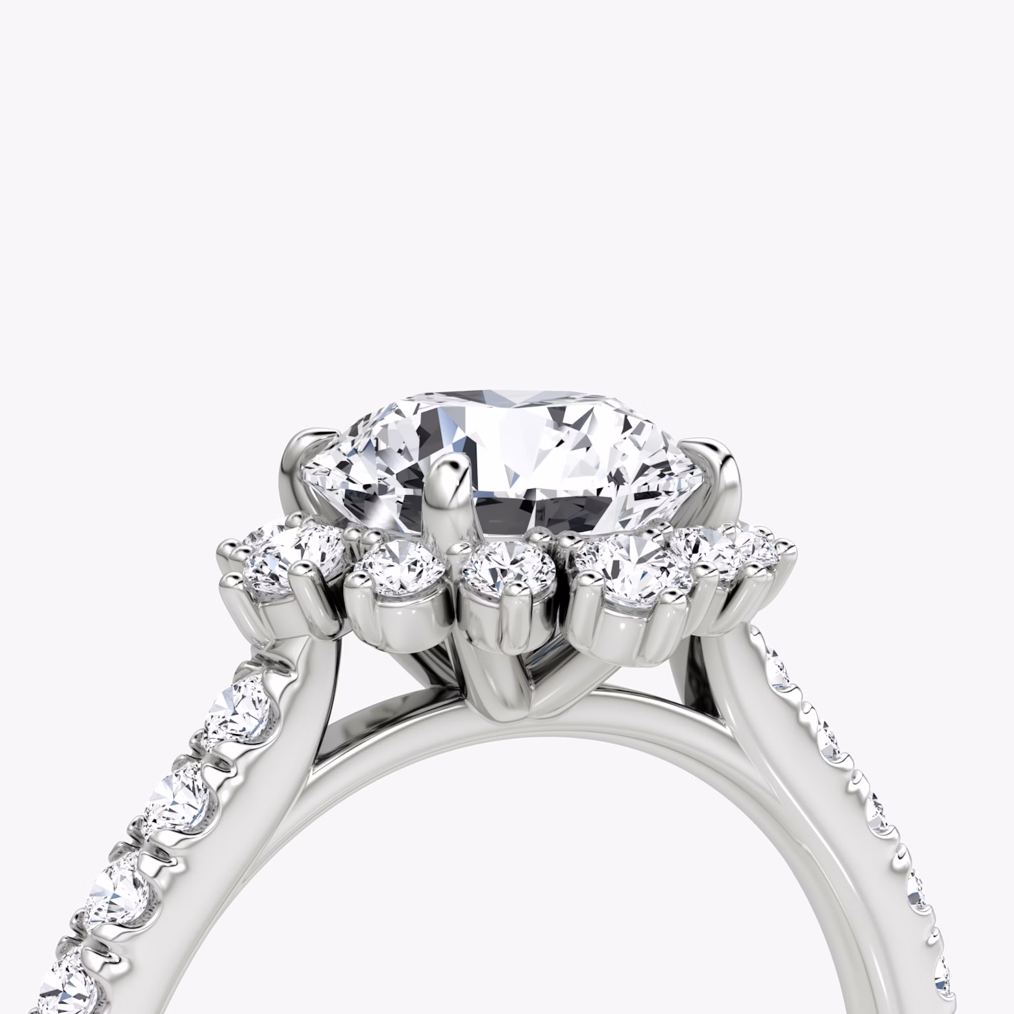 The Aurora Halo | Round Brilliant | 18k | White Gold | bandAccent: Pavé | caratWeight: other | diamondOrientation: vertical