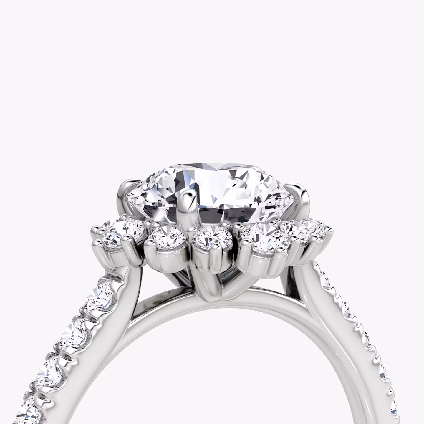 The Aurora Halo | Round Brilliant | Platinum | bandAccent: Pavé | caratWeight: 1.0ct | diamondOrientation: vertical
