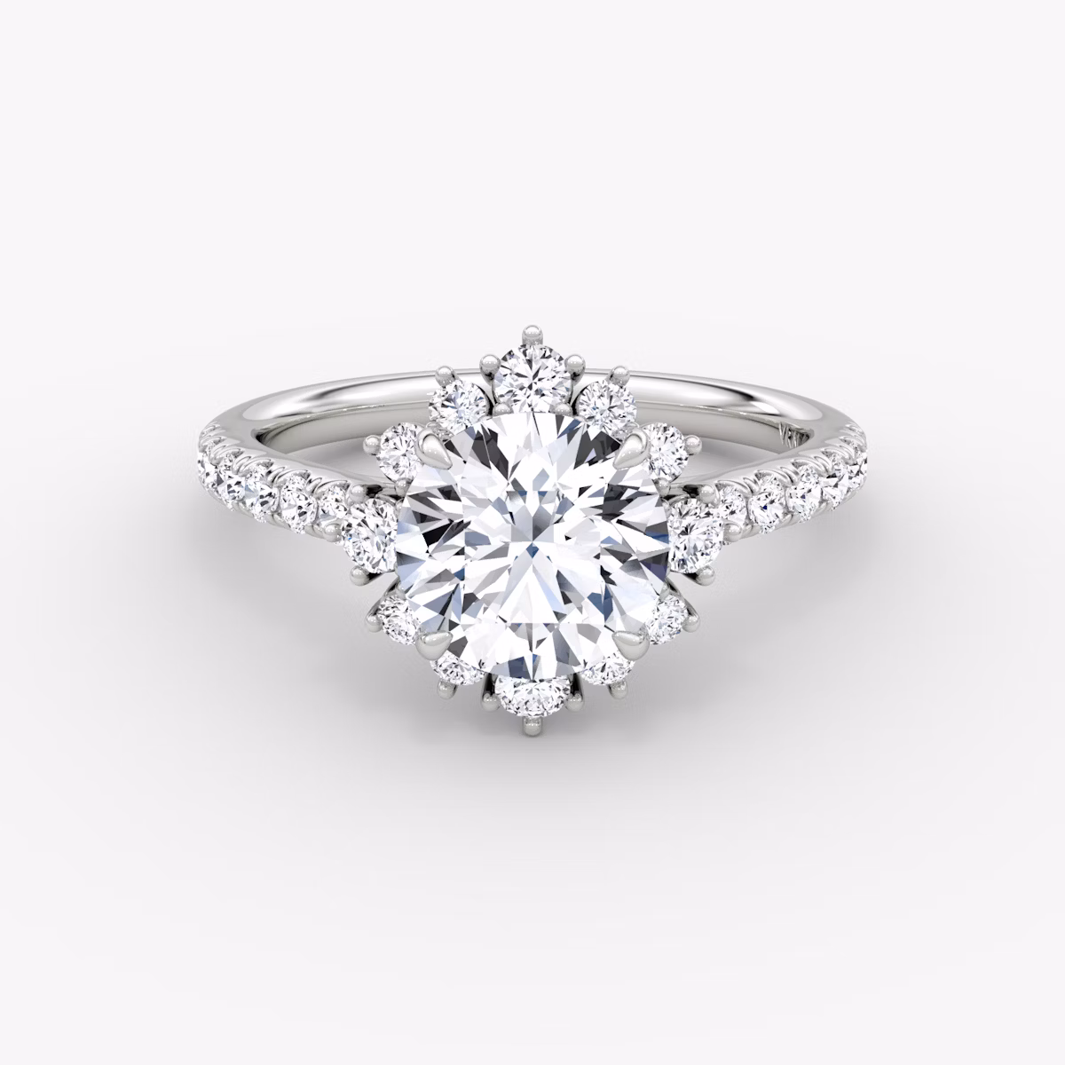 The Aurora Halo | Round Brilliant | 18k | White Gold | bandAccent: Pavé | caratWeight: 1.0ct | diamondOrientation: vertical