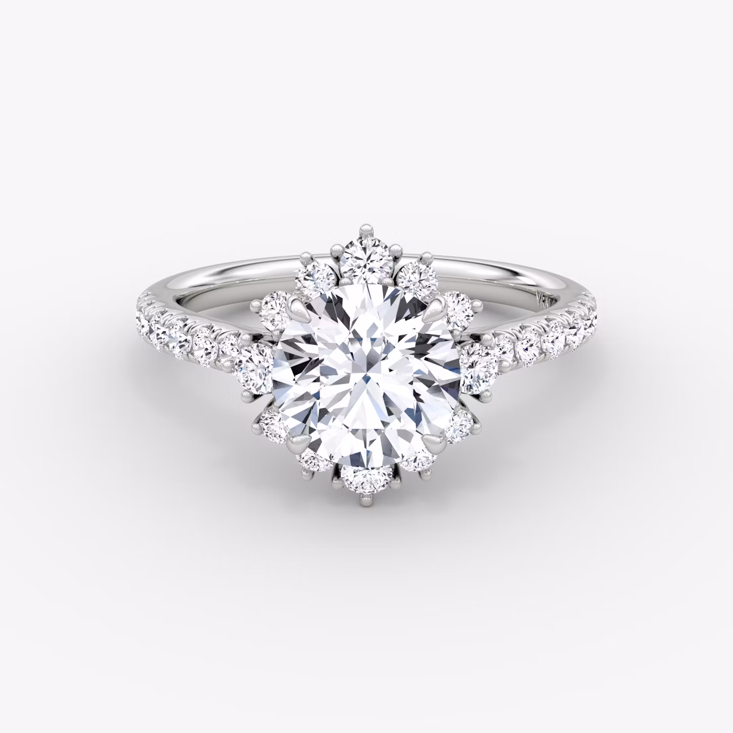 The Aurora Halo | Round Brilliant | Platinum | bandAccent: Pavé | caratWeight: 1.0ct | diamondOrientation: vertical