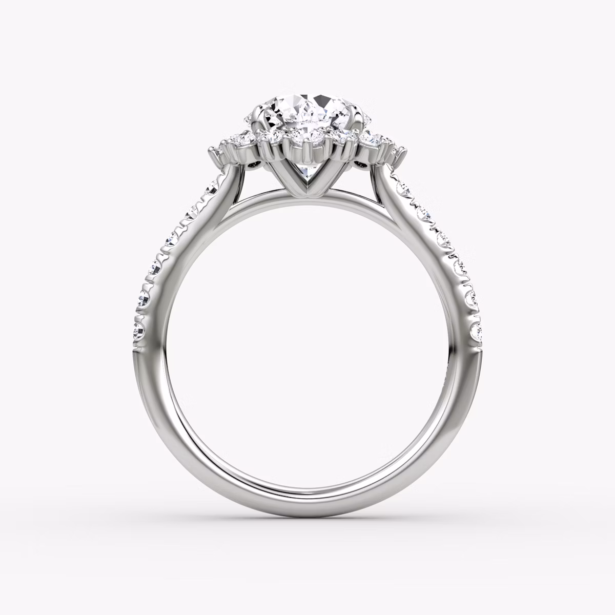 The Aurora Halo | Round Brilliant | 18k | White Gold | bandAccent: Pavé | caratWeight: 1.0ct | diamondOrientation: vertical