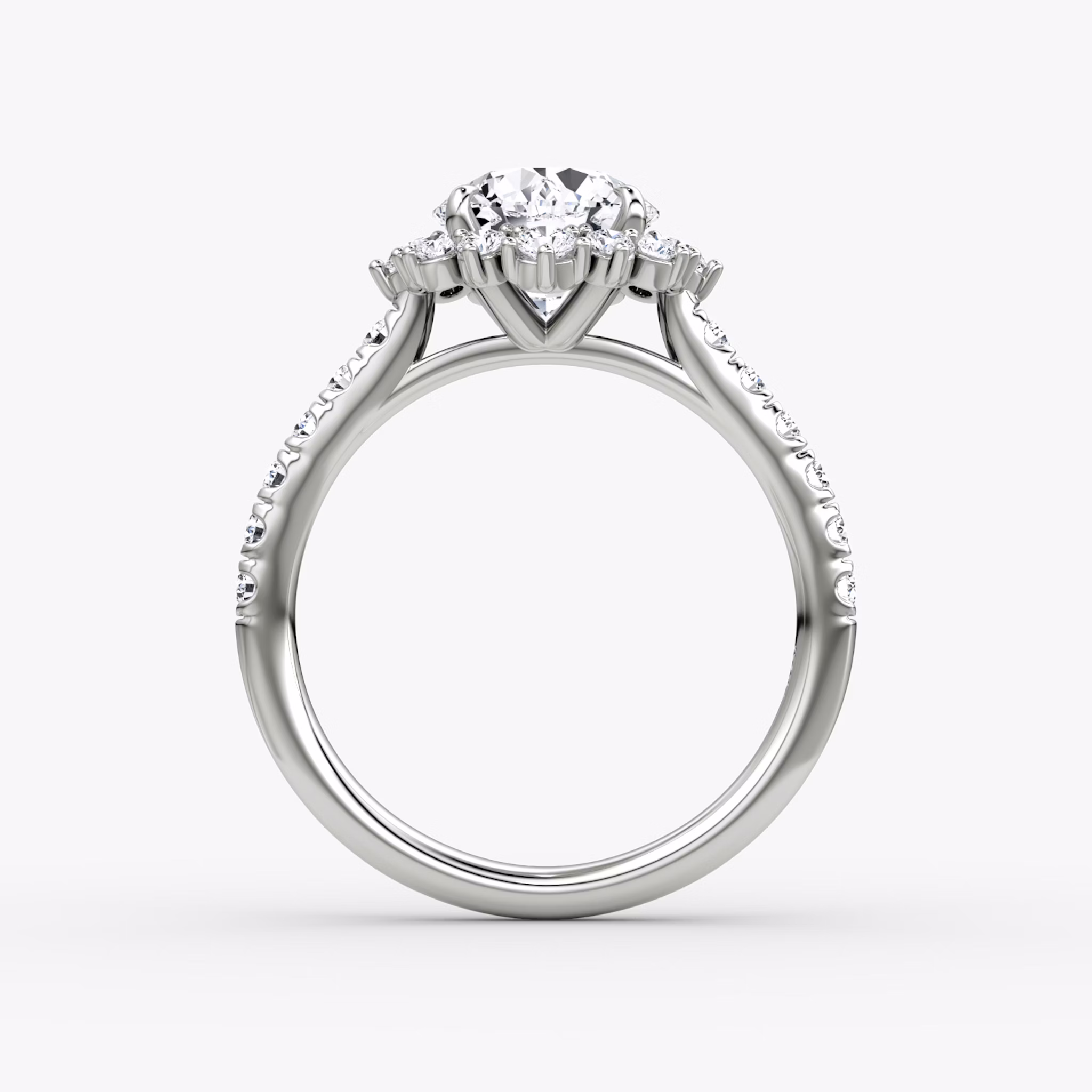 The Aurora Halo | Round Brilliant | 18k | White Gold | bandAccent: Pavé | caratWeight: other | diamondOrientation: vertical