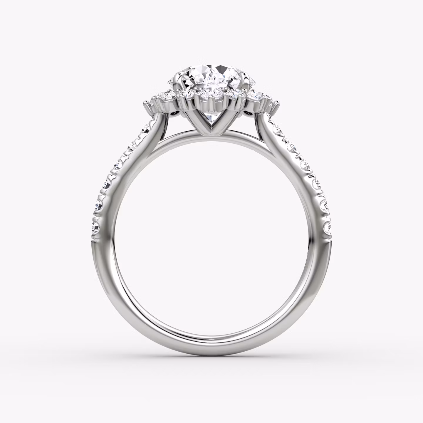 The Aurora Halo | Round Brilliant | Platinum | bandAccent: Pavé | caratWeight: 1.0ct | diamondOrientation: vertical