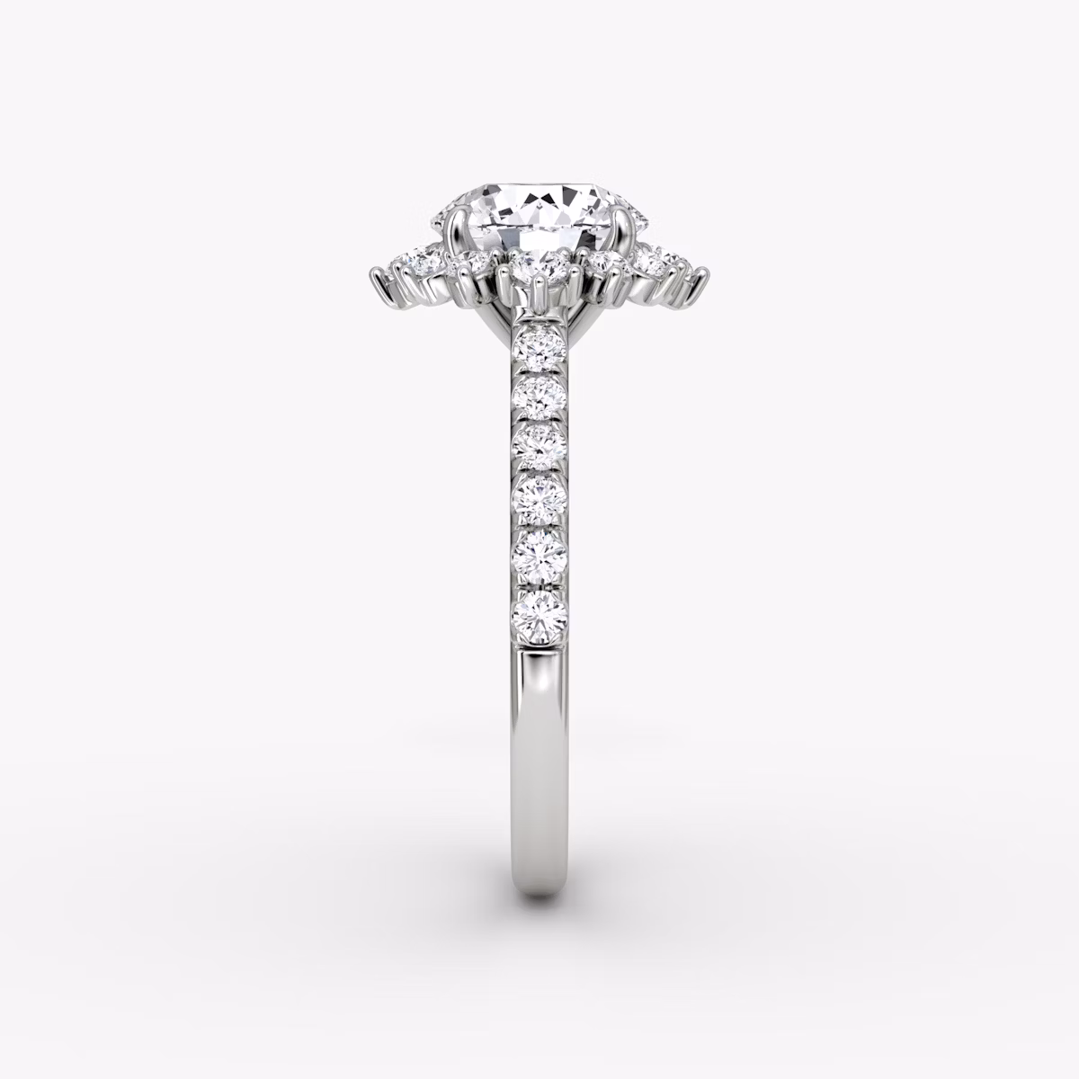The Aurora Halo | Round Brilliant | 18k | White Gold | bandAccent: Pavé | caratWeight: 1.0ct | diamondOrientation: vertical
