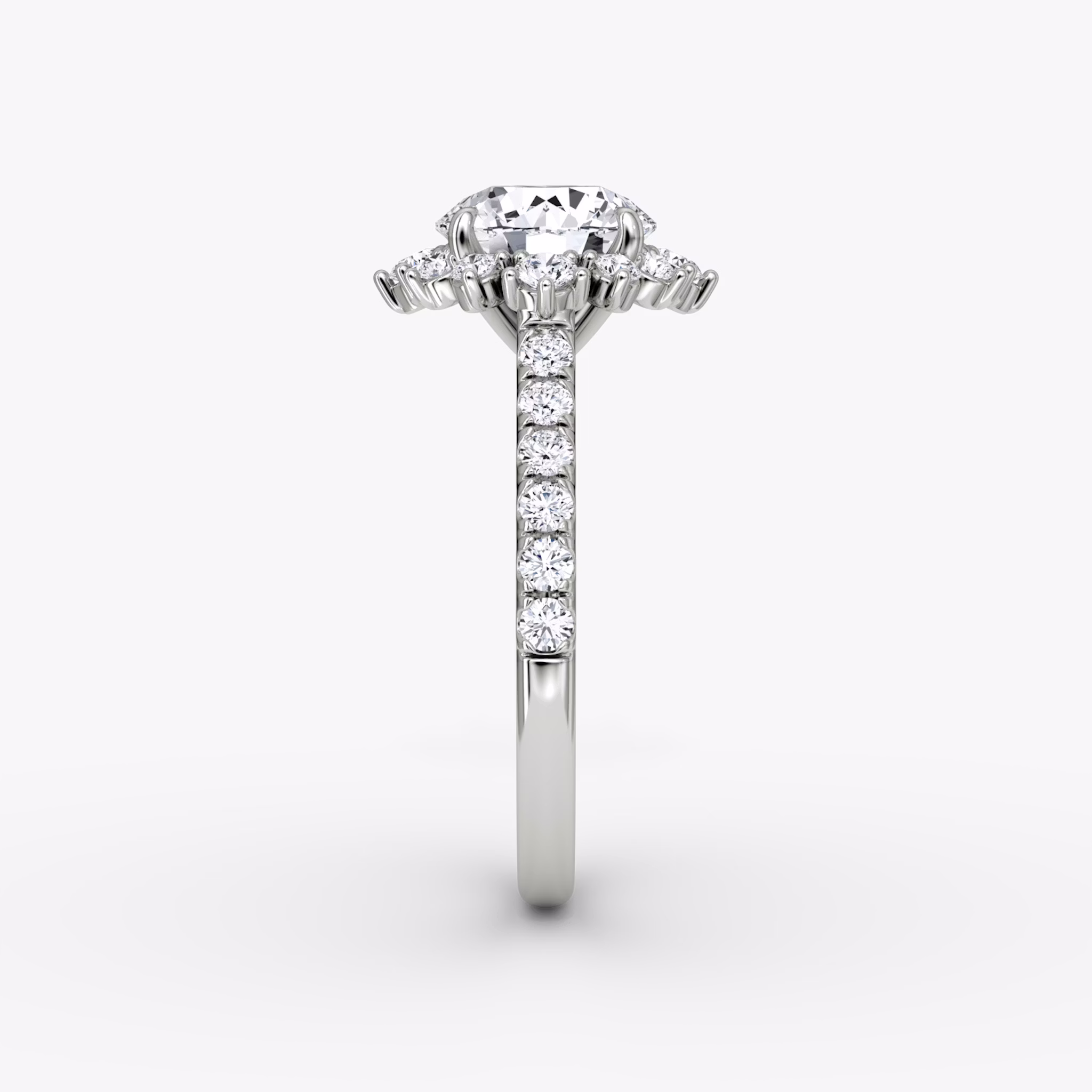 The Aurora Halo | Round Brilliant | 18k | White Gold | bandAccent: Pavé | caratWeight: other | diamondOrientation: vertical