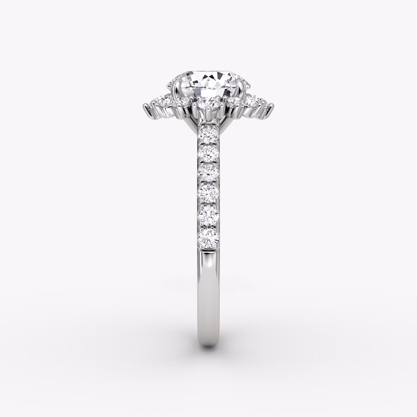 The Aurora Halo | Round Brilliant | Platinum | bandAccent: Pavé | caratWeight: 1.0ct | diamondOrientation: vertical