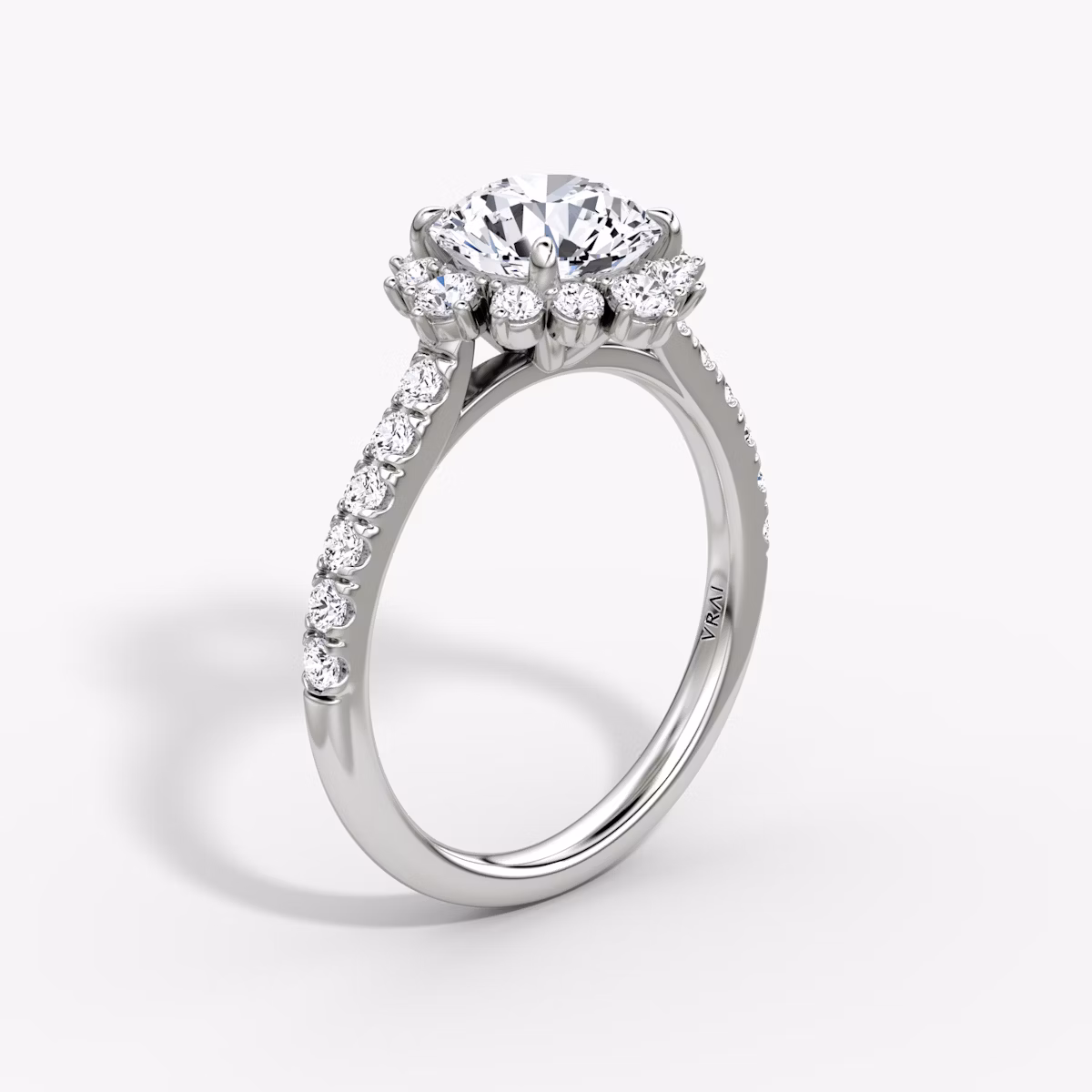 The Aurora Halo | Round Brilliant | 18k | White Gold | bandAccent: Pavé | caratWeight: 1.0ct | diamondOrientation: vertical