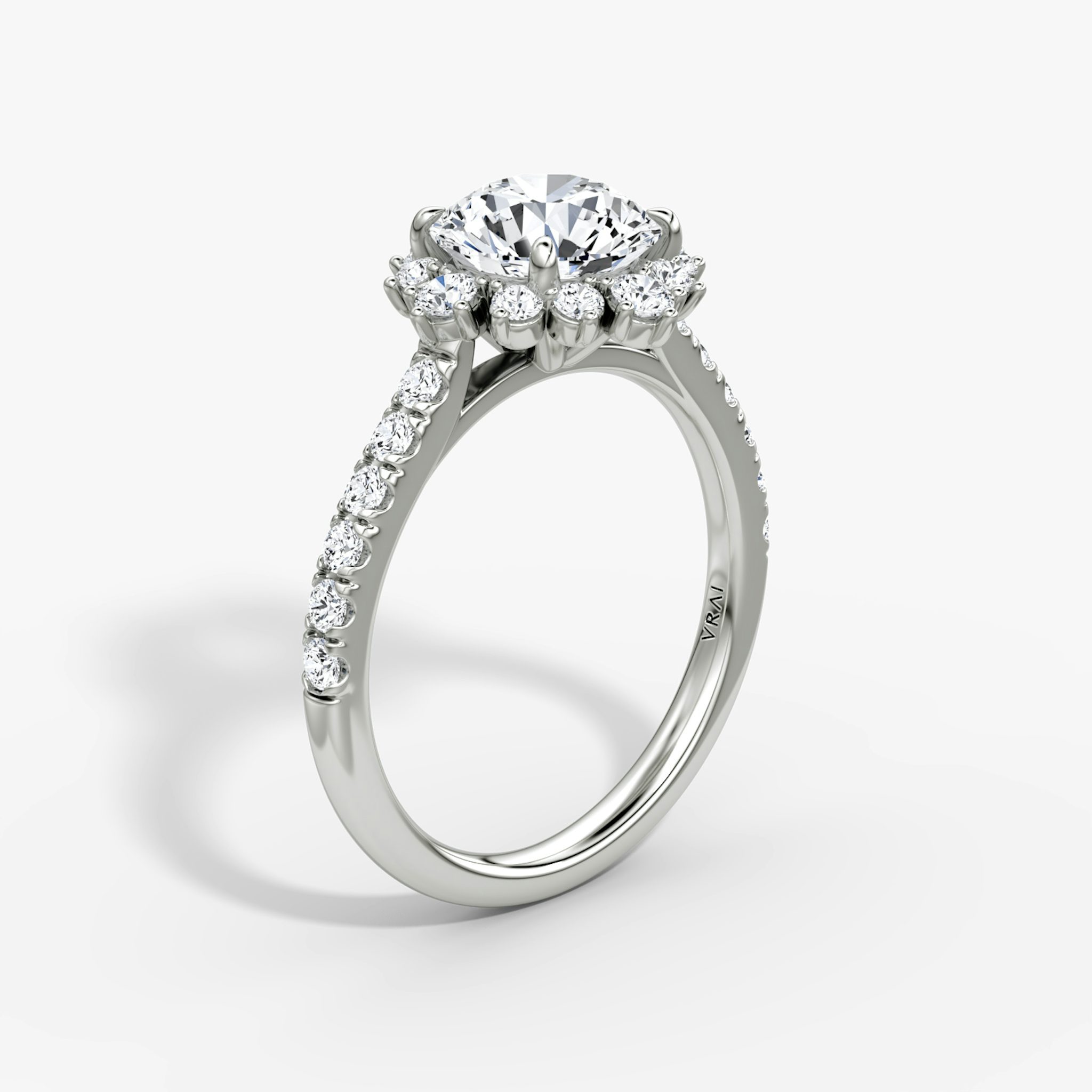 The Aurora Halo | Round Brilliant | 18k | White Gold | bandAccent: Pavé | caratWeight: other | diamondOrientation: vertical