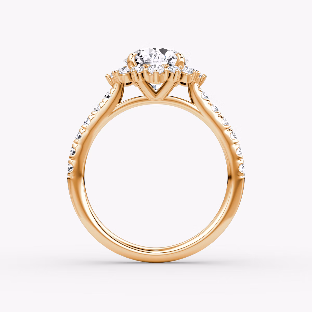 The Aurora Halo | Round Brilliant | 14k | Rose Gold | bandAccent: Pavé | caratWeight: 1.0ct | diamondOrientation: vertical