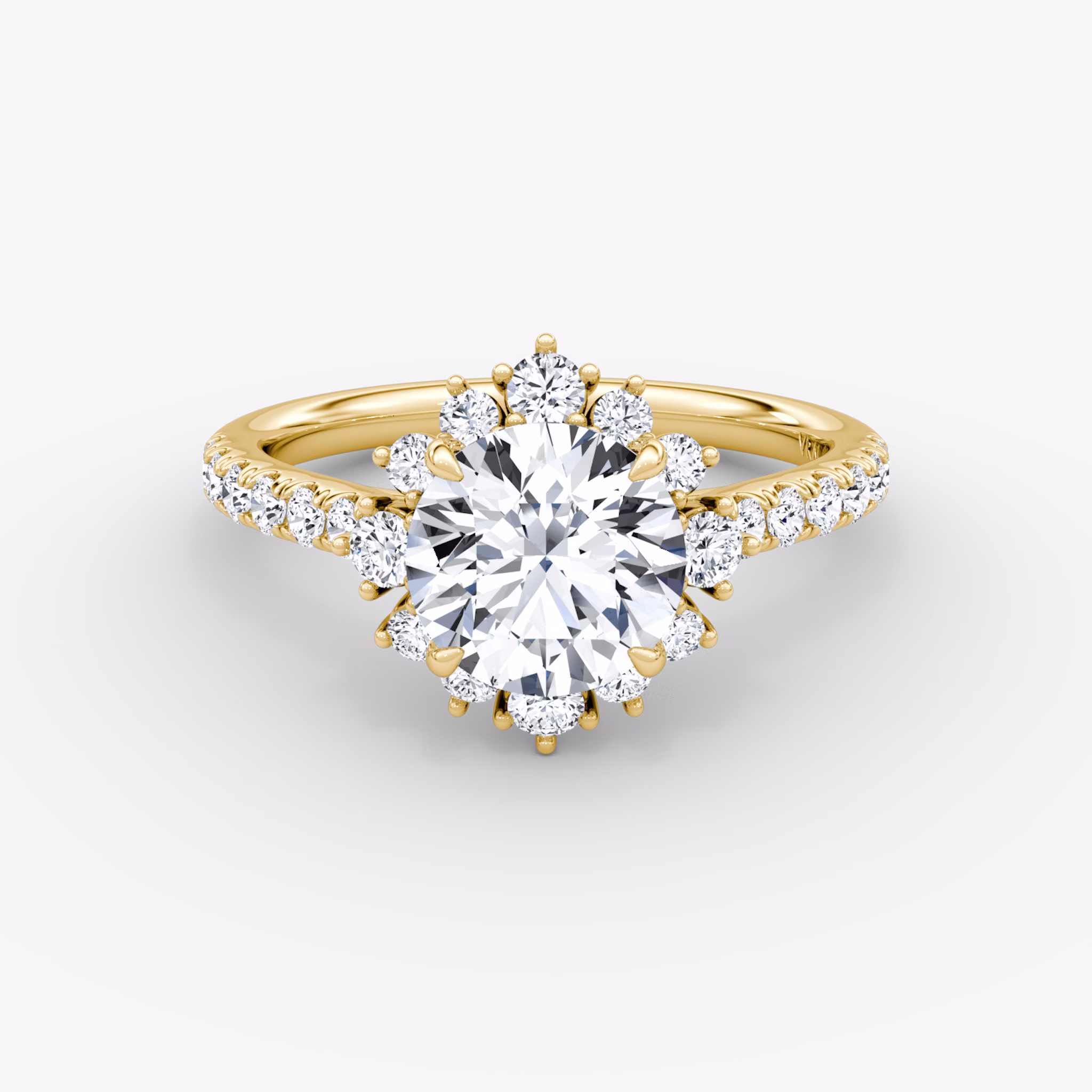 The Aurora Halo | Round Brilliant | 18k | Yellow Gold | bandAccent: Pavé | caratWeight: other | diamondOrientation: vertical