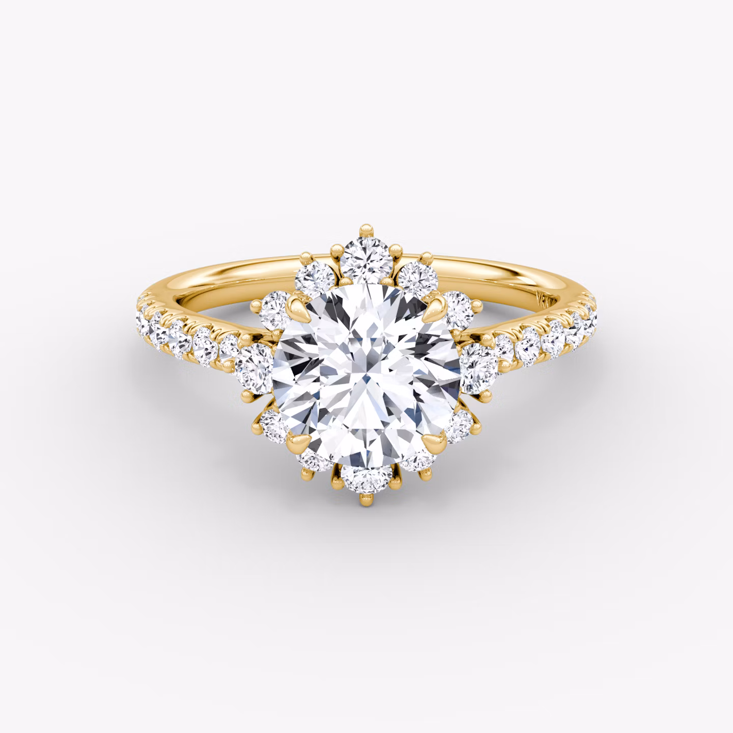 The Aurora Halo | Round Brilliant | 18k | Yellow Gold | bandAccent: Pavé | caratWeight: other | diamondOrientation: vertical