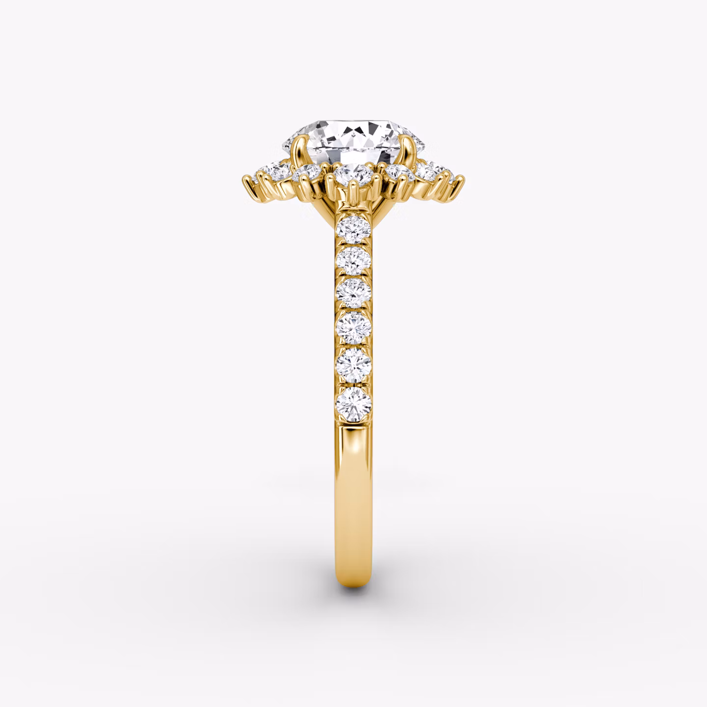 The Aurora Halo | Round Brilliant | 18k | Yellow Gold | bandAccent: Pavé | caratWeight: other | diamondOrientation: vertical
