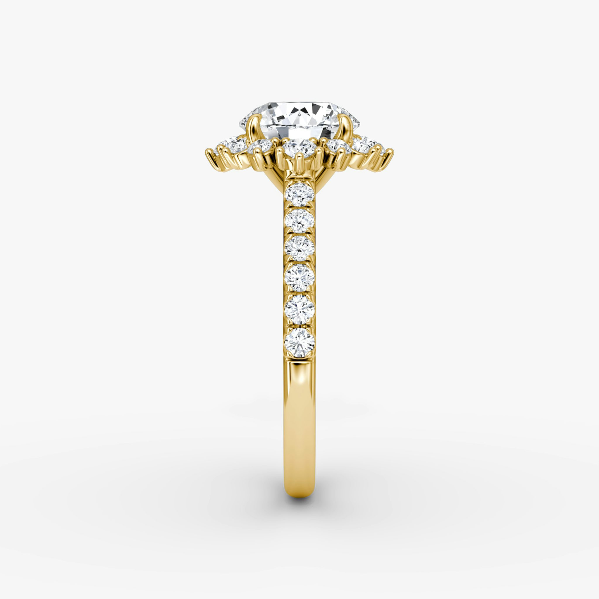 The Aurora Halo | Round Brilliant | 18k | Yellow Gold | bandAccent: Pavé | caratWeight: other | diamondOrientation: vertical