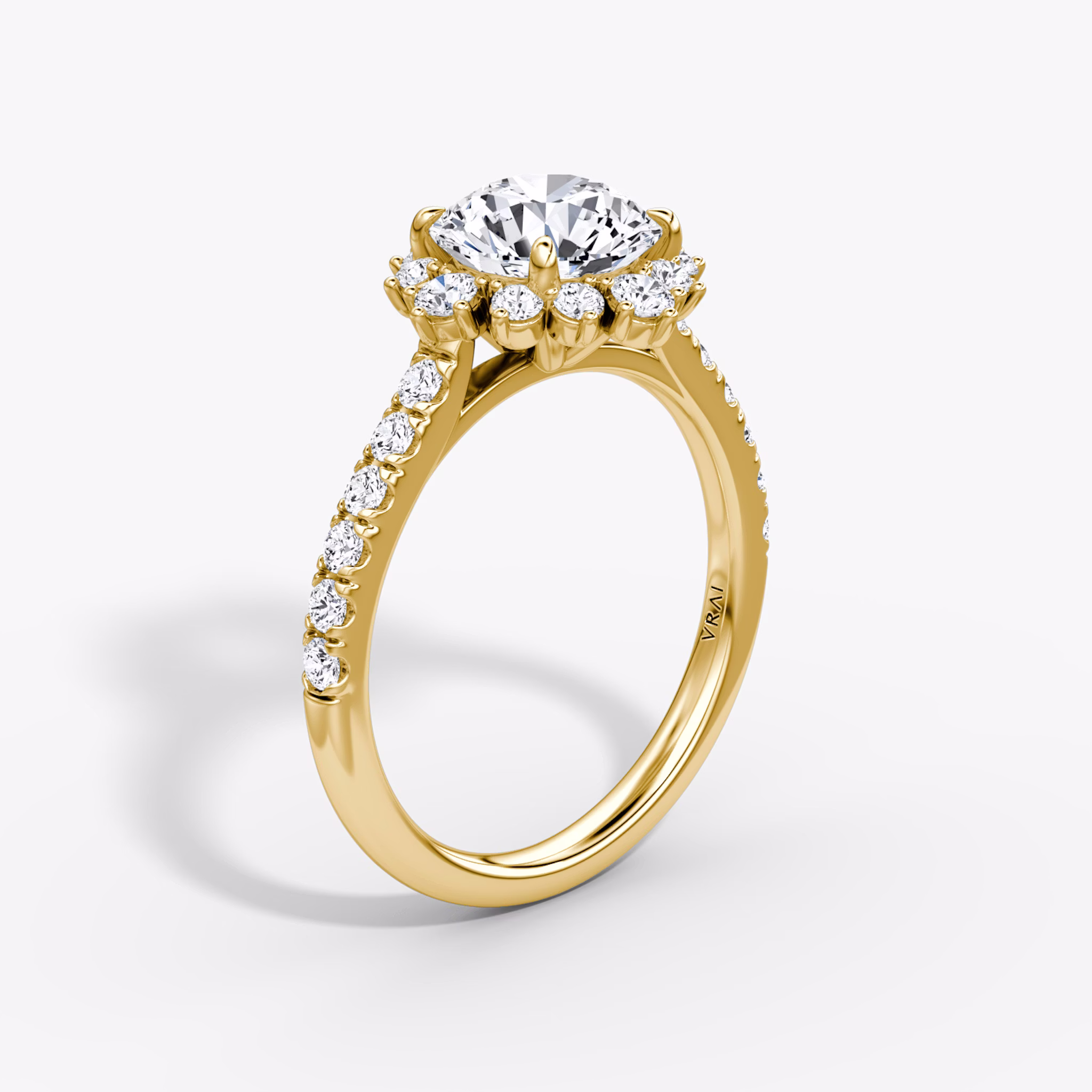 The Aurora Halo | Round Brilliant | 18k | Yellow Gold | bandAccent: Pavé | caratWeight: other | diamondOrientation: vertical