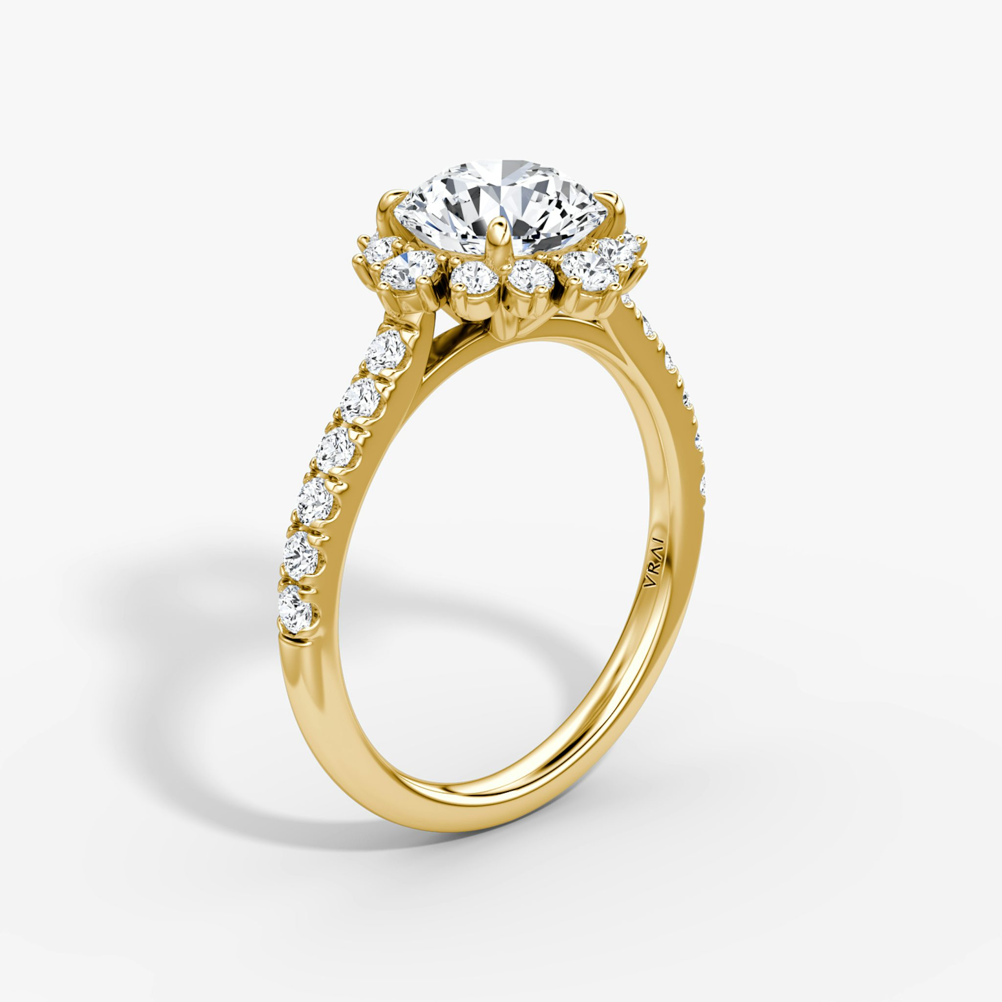 The Aurora Halo | Round Brilliant | 18k | Yellow Gold | bandAccent: Pavé | caratWeight: other | diamondOrientation: vertical