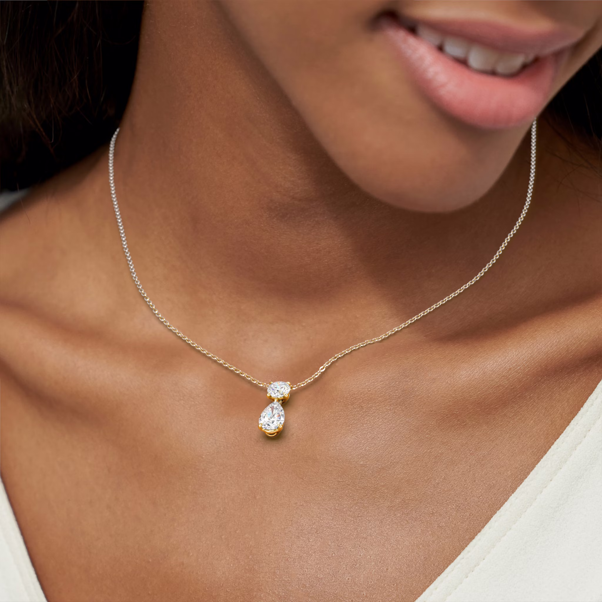 Signature Duo Drop Necklace | Round Brilliant and Pear | 14k | Yellow Gold | caratWeight: 3ct