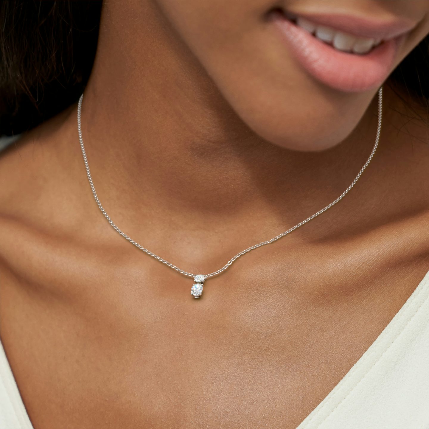 Signature Duo Drop Necklace | Round Brilliant and Oval | 14k | White Gold | caratWeight: 0.75ct
