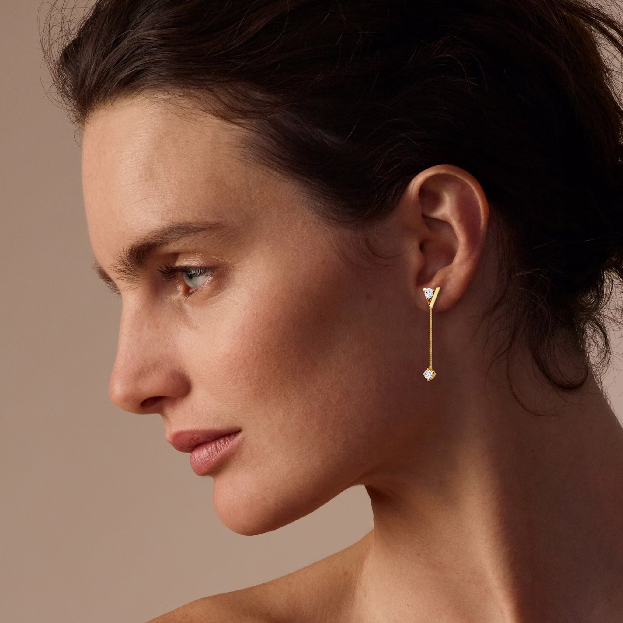 VRAI V Duo Dangle Earring | Round Brilliant and Round Brilliant | 14k | Yellow Gold